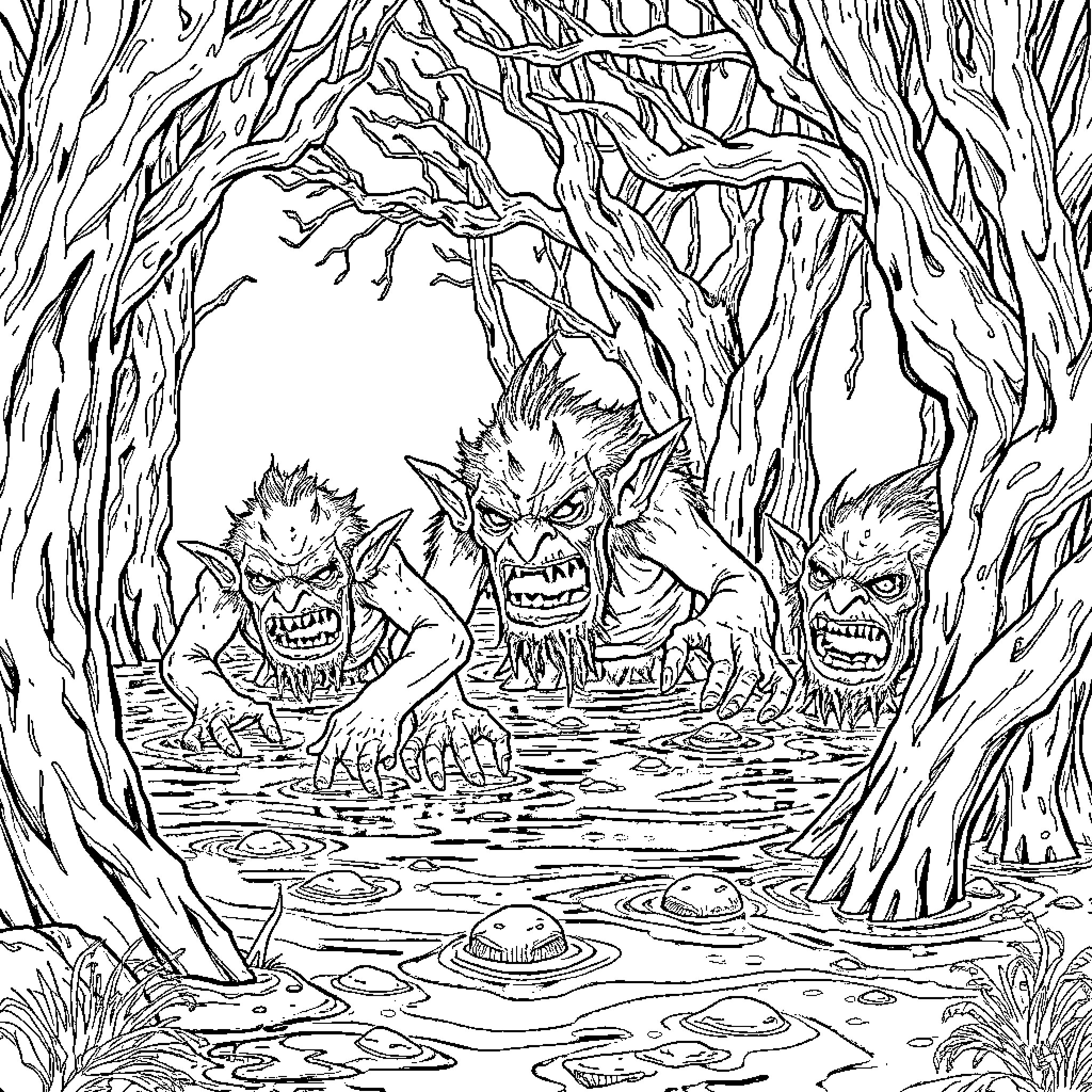 Troll creatures lurking in the swampy forest Coloring Page (free black-and-white line drawing printable PDF for all, from beginners to advanced learners, including children, teens, adults, and seniors)