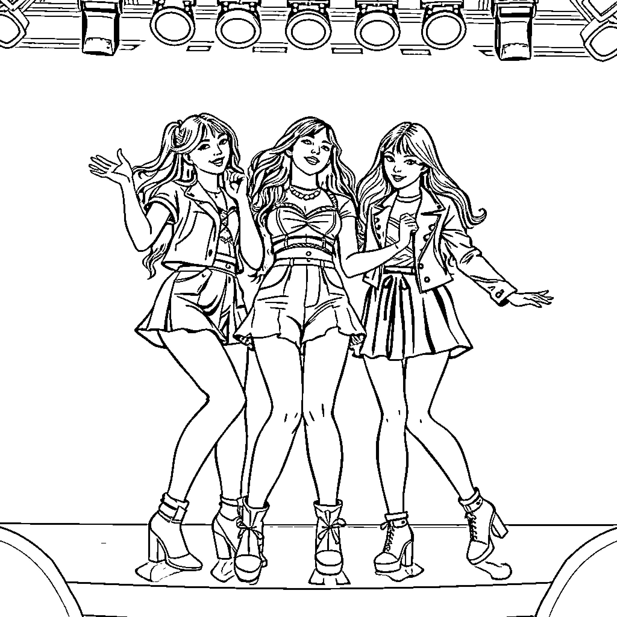 Kpop Girls Trio in Stylish Outfits Coloring Page (free black-and-white line drawing printable PDF for all, from beginners to advanced learners, including children, teens, adults, and seniors)