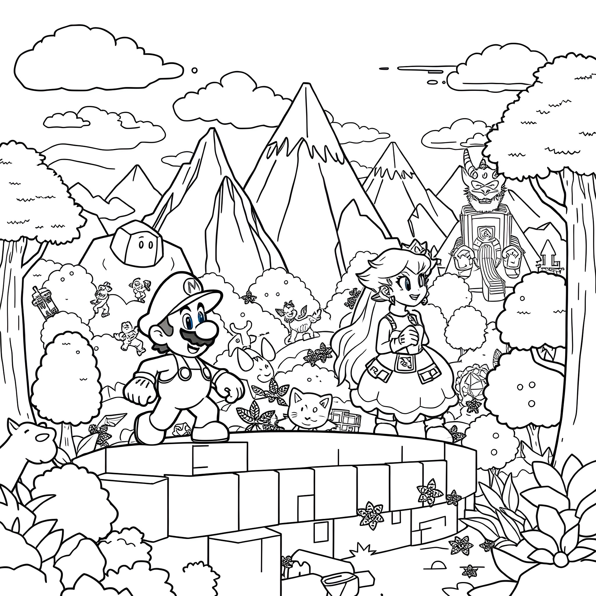 Mario's Adventure in the Enchanted Landscape Coloring Page (free black-and-white line drawing printable PDF for all, from beginners to advanced learners, including children, teens, adults, and seniors)