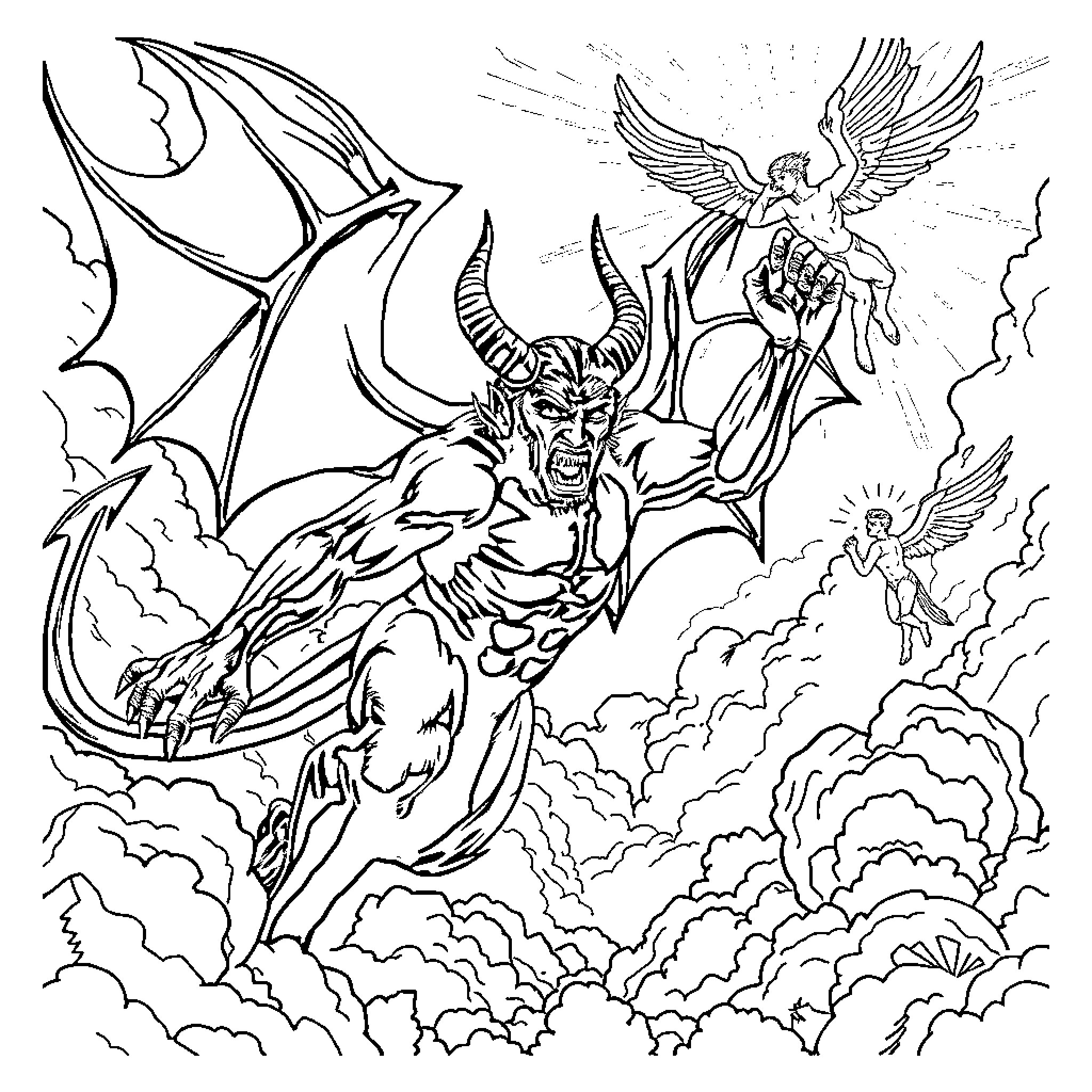 Devil's Demonic Confrontation with Angelic Warrior Coloring Page (free black-and-white line drawing printable PDF for all, from beginners to advanced learners, including children, teens, adults, and seniors)