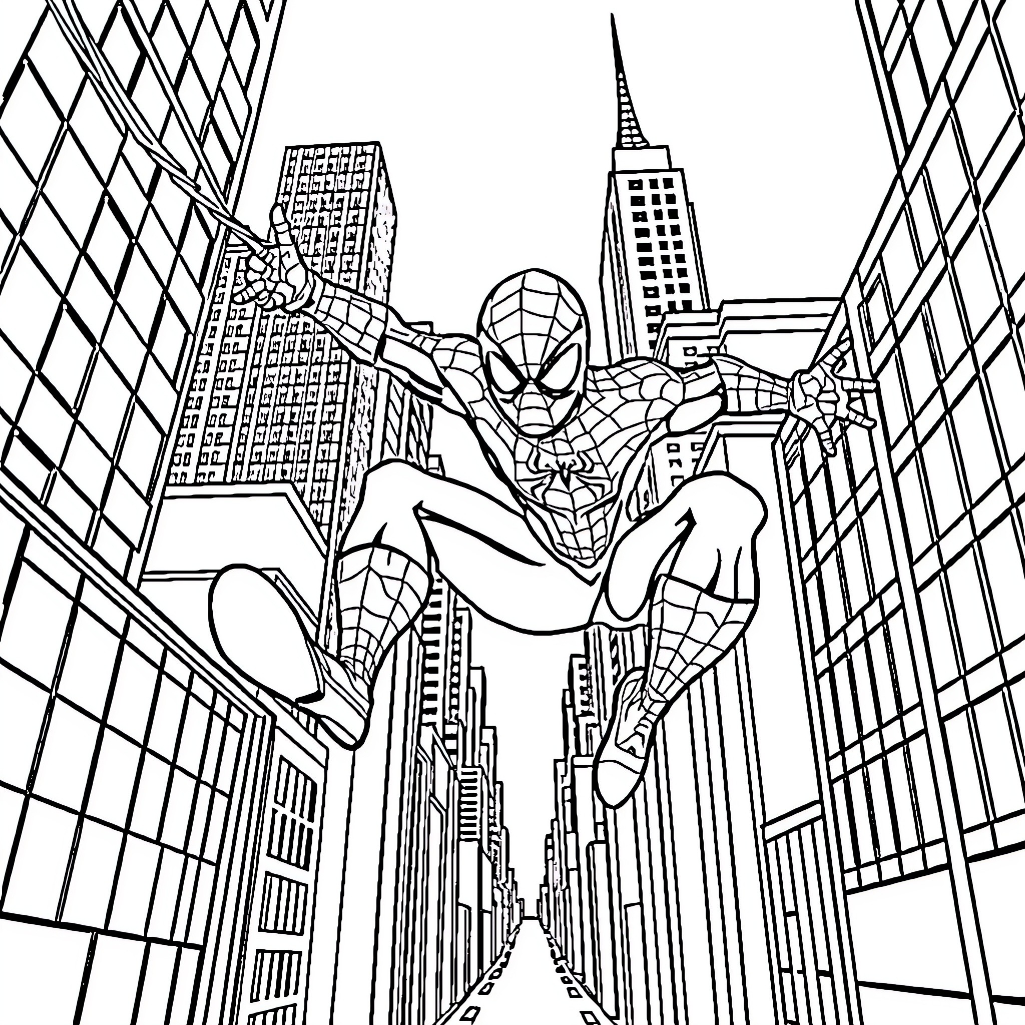 Spiderman swinging through the city skyline Coloring Page (free black-and-white line drawing printable PDF for all, from beginners to advanced learners, including children, teens, adults, and seniors)
