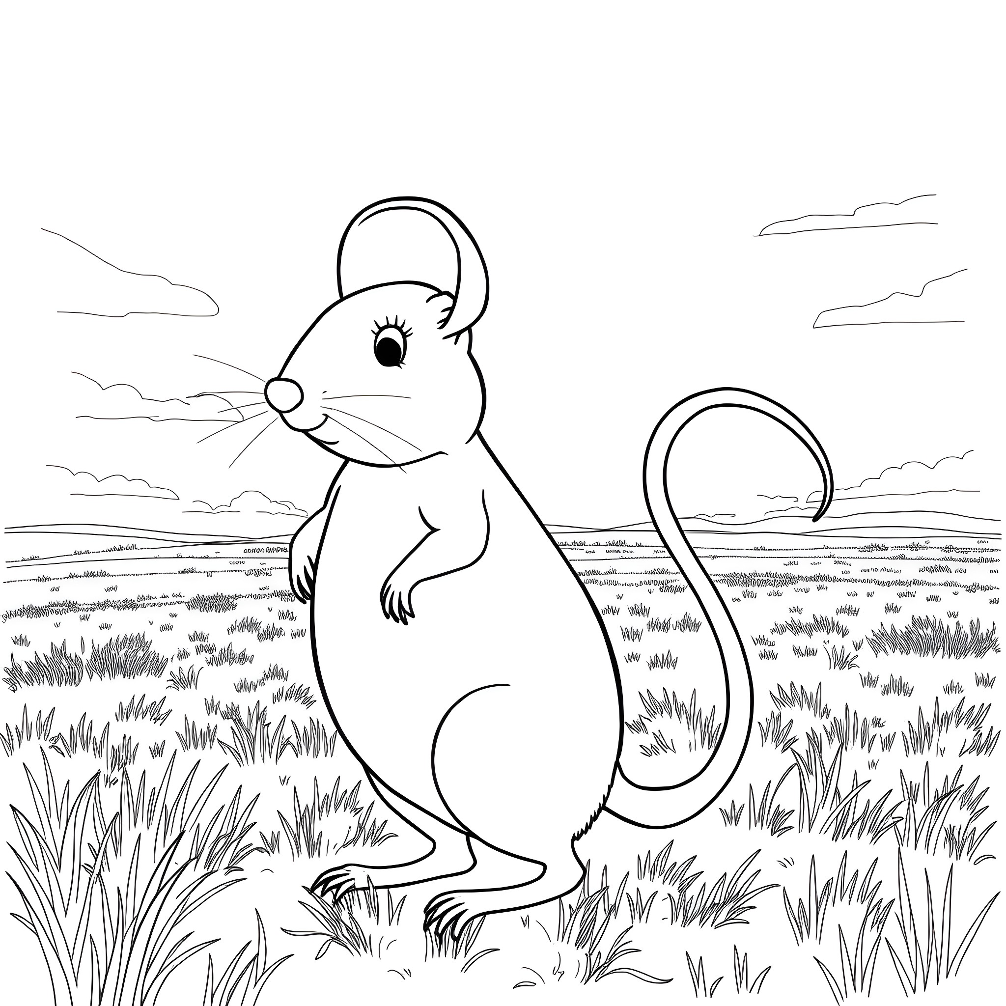 Mouse exploring the meadow Coloring Page (free black-and-white line drawing printable PDF for all, from beginners to advanced learners, including children, teens, adults, and seniors)