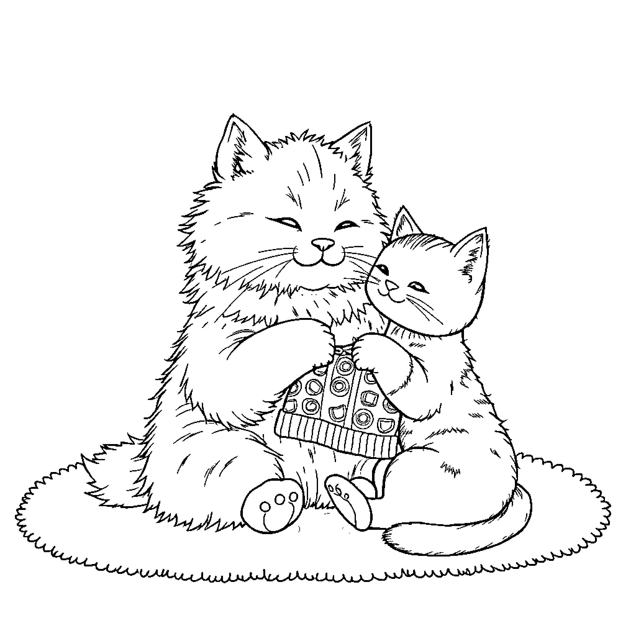 Cat friends cuddling together Coloring Page (free black-and-white line drawing printable PDF for all, from beginners to advanced learners, including children, teens, adults, and seniors)