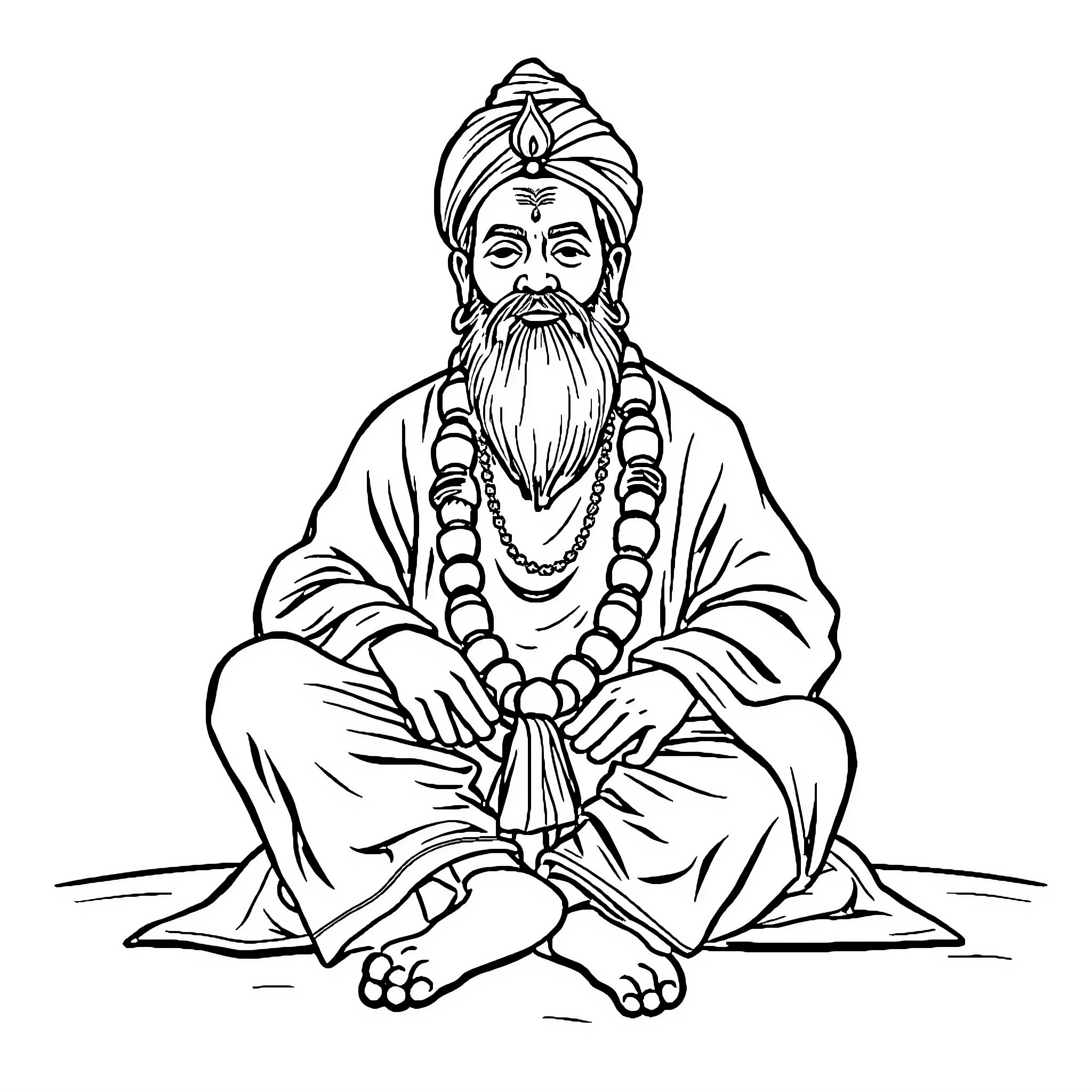 Tukaram in contemplative meditation pose Coloring Page (free black-and-white line drawing printable PDF for all, from beginners to advanced learners, including children, teens, adults, and seniors)