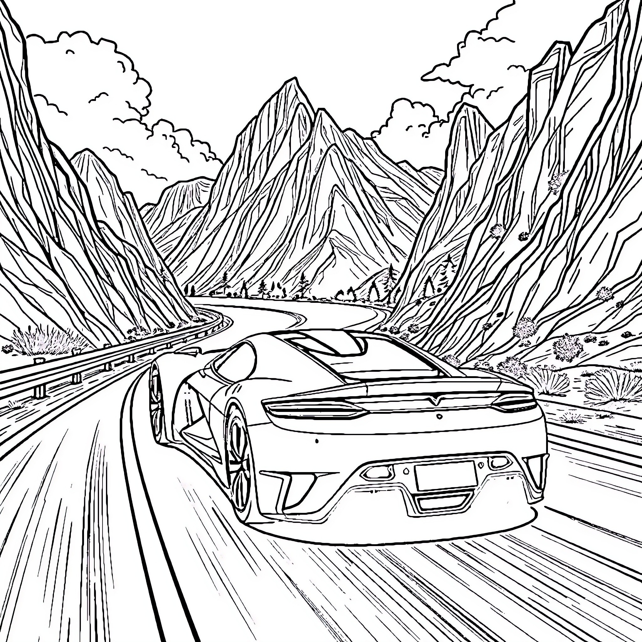 Sports Car Racing Through Mountainous Landscape Coloring Page (free black-and-white line drawing printable PDF for all, from beginners to advanced learners, including children, teens, adults, and seniors)