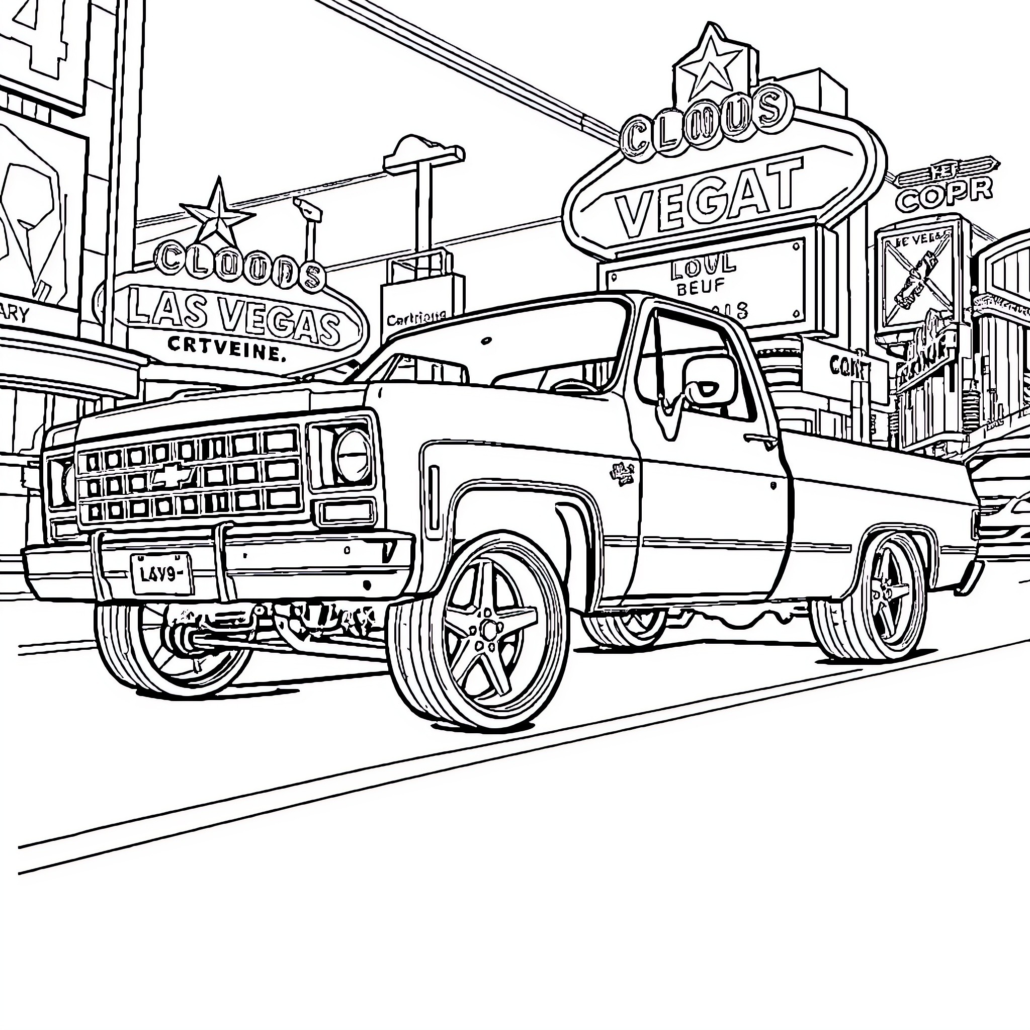 Chevy truck driving through neon-lit Vegas strip Coloring Page (free black-and-white line drawing printable PDF for all, from beginners to advanced learners, including children, teens, adults, and seniors)