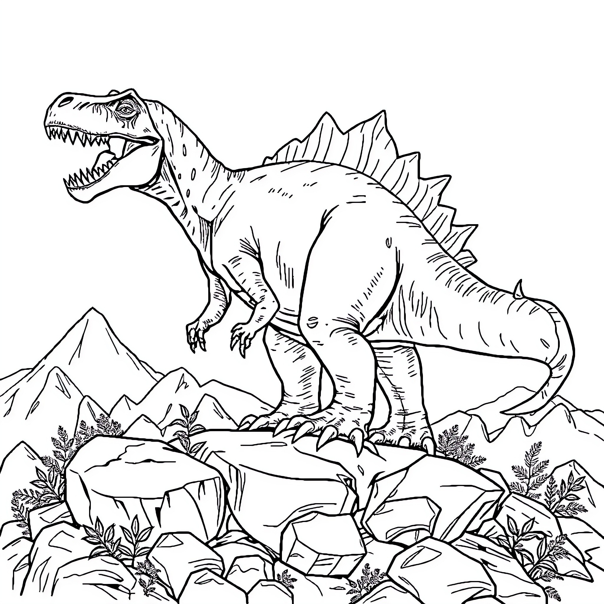 Dinosaur Roaring Fiercely in Prehistoric Landscape Coloring Page (free black-and-white line drawing printable PDF for all, from beginners to advanced learners, including children, teens, adults, and seniors)