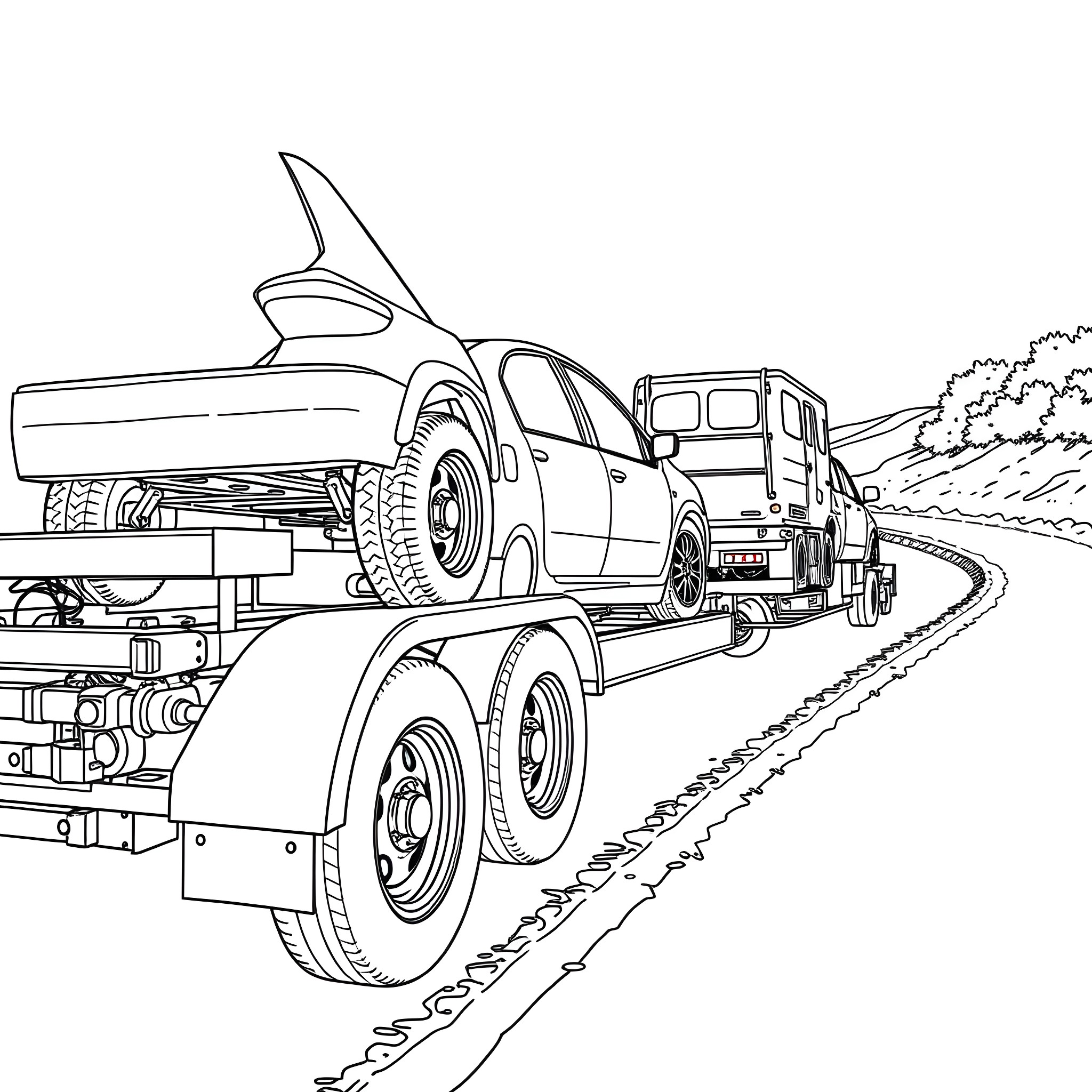 Car Trailer Transporting Pickup Truck on the Road Coloring Page (free black-and-white line drawing printable PDF for all, from beginners to advanced learners, including children, teens, adults, and seniors)