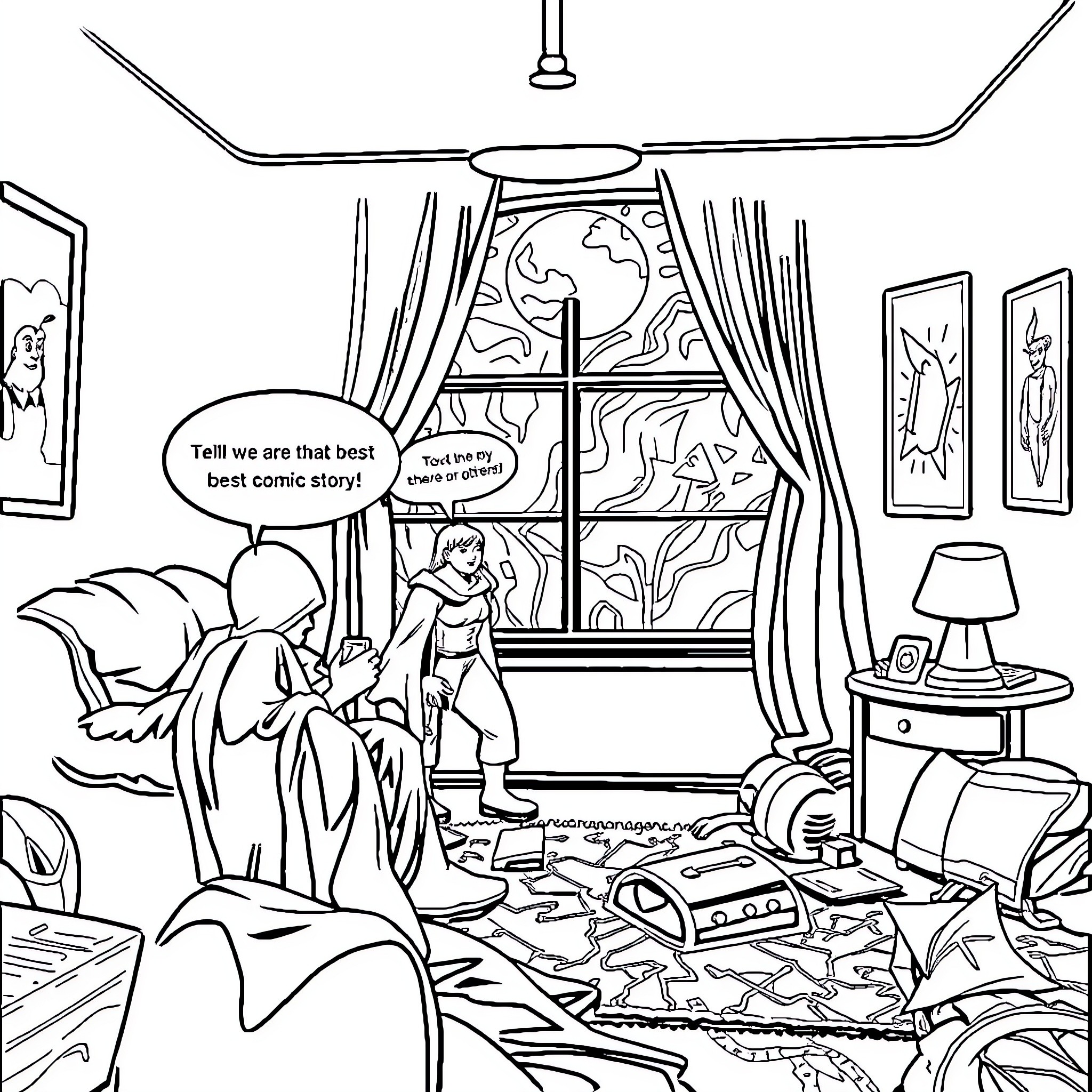 Joker's Chaotic Bedroom Adventure Coloring Page (free black-and-white line drawing printable PDF for all, from beginners to advanced learners, including children, teens, adults, and seniors)