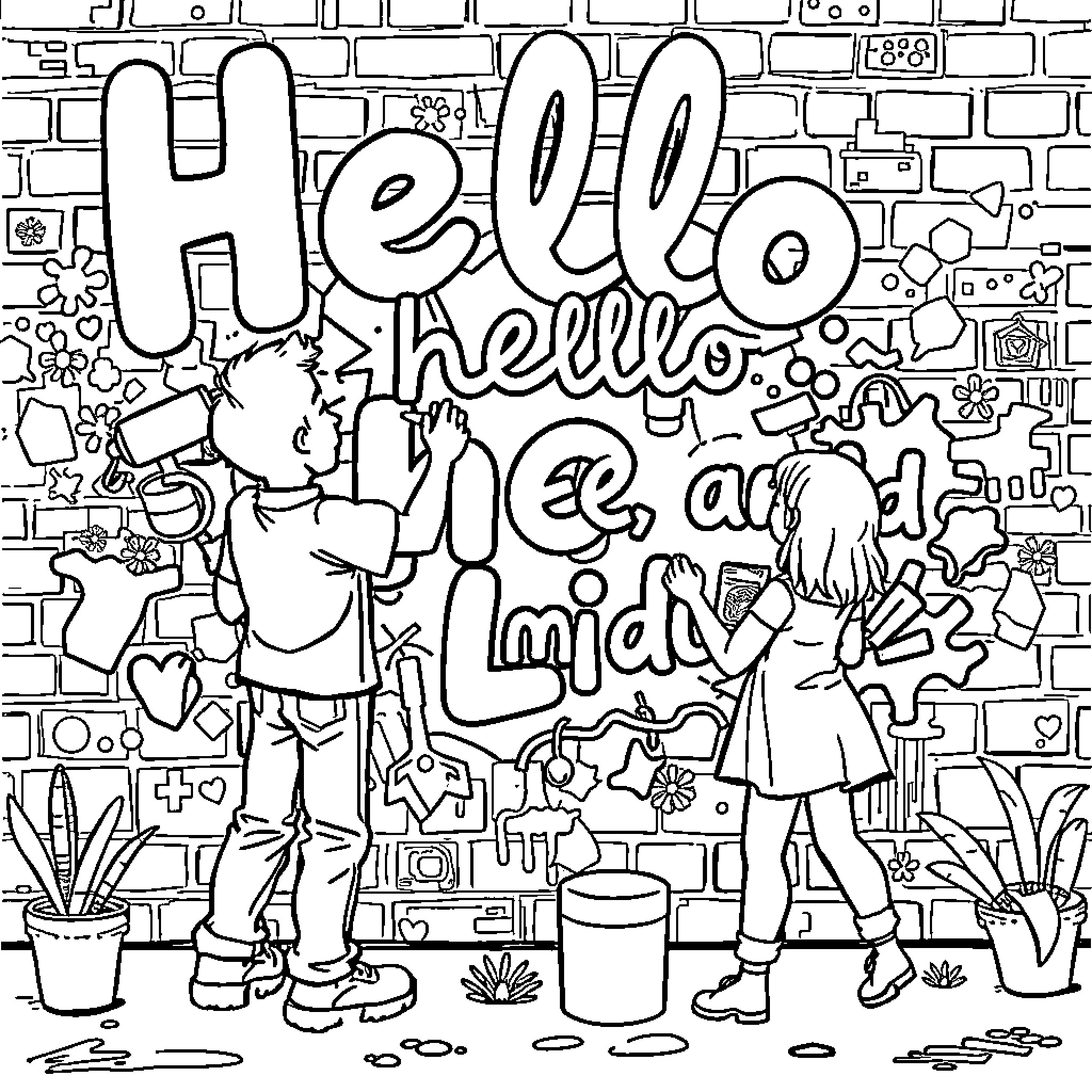 Steve and Maggie say hello and play together Coloring Page (free black-and-white line drawing printable PDF for all, from beginners to advanced learners, including children, teens, adults, and seniors)