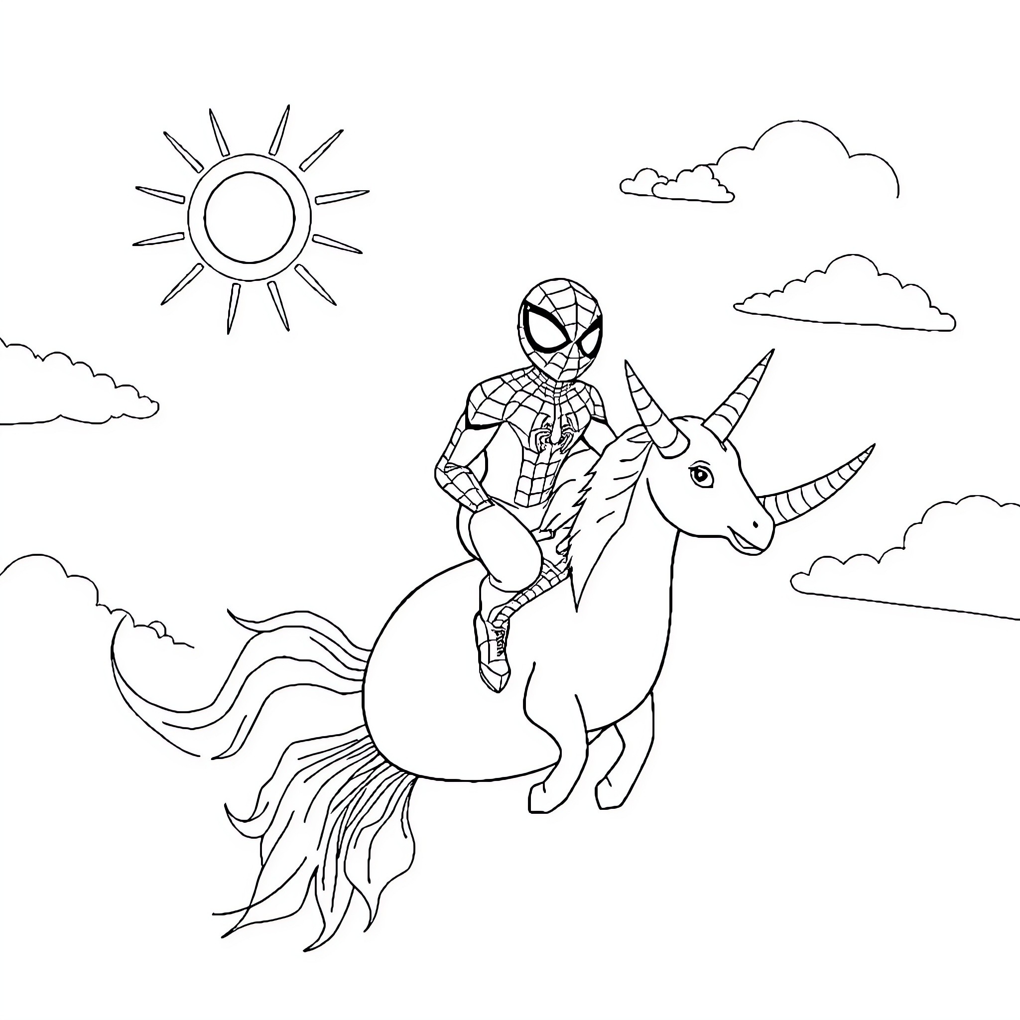 Spiderman riding a magical unicorn in the sky Coloring Page (free black-and-white line drawing printable PDF for all, from beginners to advanced learners, including children, teens, adults, and seniors)