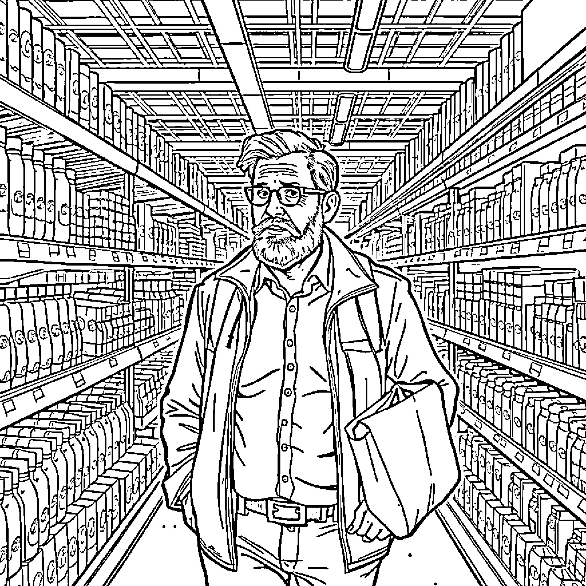 Erling Haaland explores a mysterious library Coloring Page (free black-and-white line drawing printable PDF for all, from beginners to advanced learners, including children, teens, adults, and seniors)