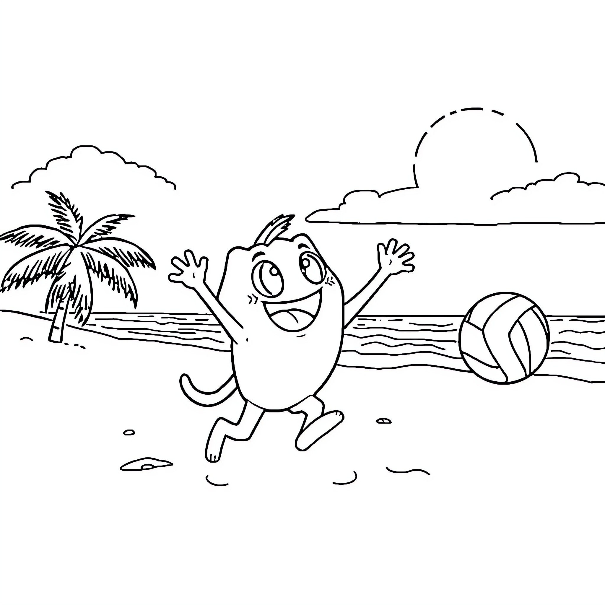 Om Nom's beach adventures with a volleyball Coloring Page (free black-and-white line drawing printable PDF for all, from beginners to advanced learners, including children, teens, adults, and seniors)
