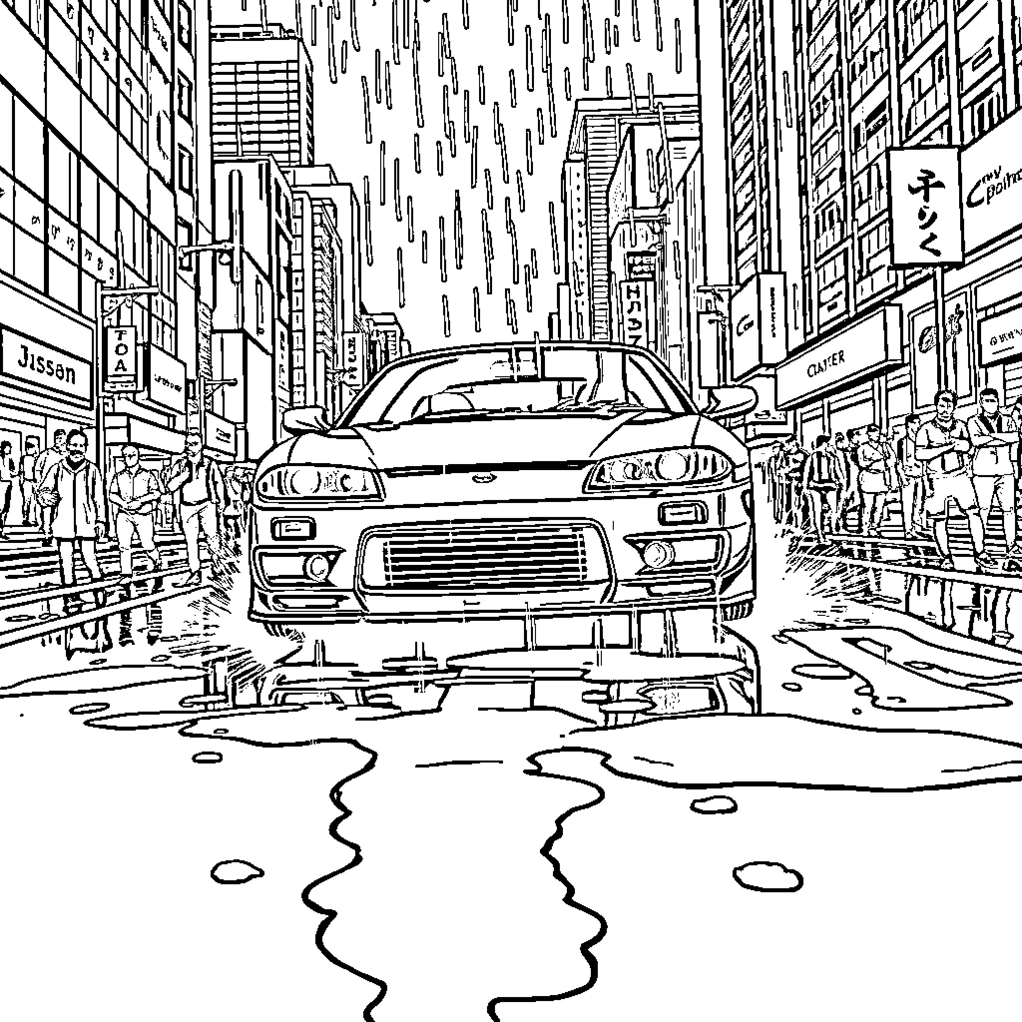 Nissan Silvia speeding through rainy city street Coloring Page (free black-and-white line drawing printable PDF for all, from beginners to advanced learners, including children, teens, adults, and seniors)
