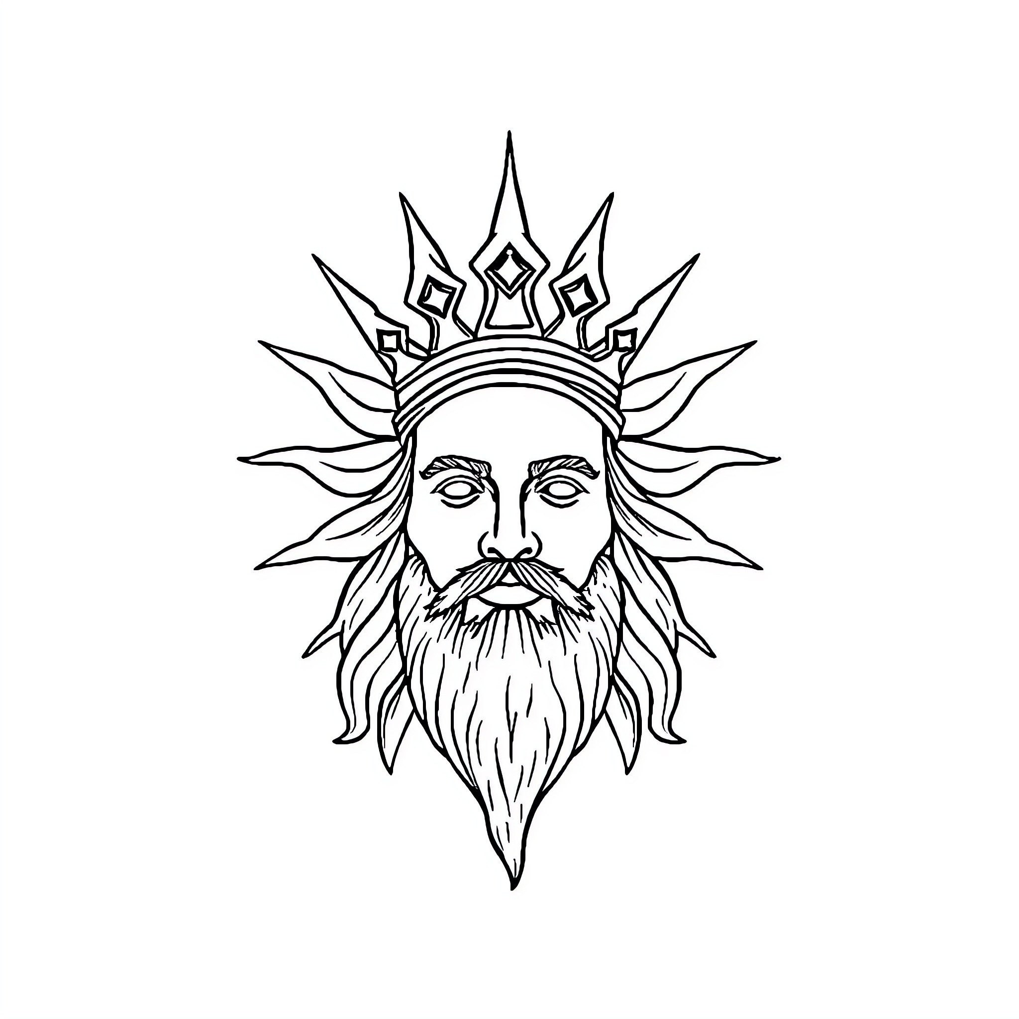 Sun King with Ornate Crown and Flowing Beard Coloring Page (free black-and-white line drawing printable PDF for all, from beginners to advanced learners, including children, teens, adults, and seniors)