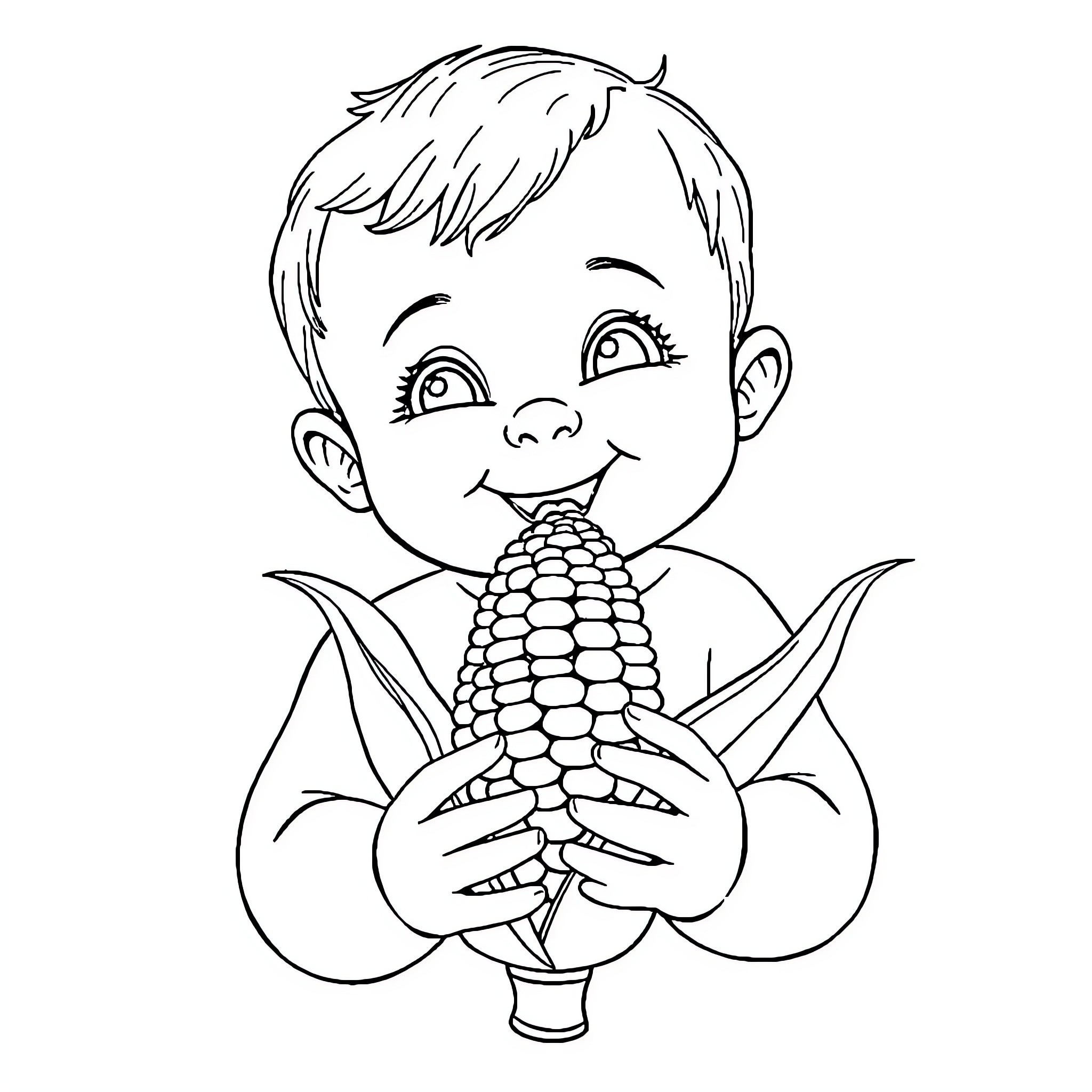 Baby enjoying a fresh corn on the cob Coloring Page (free black-and-white line drawing printable PDF for all, from beginners to advanced learners, including children, teens, adults, and seniors)