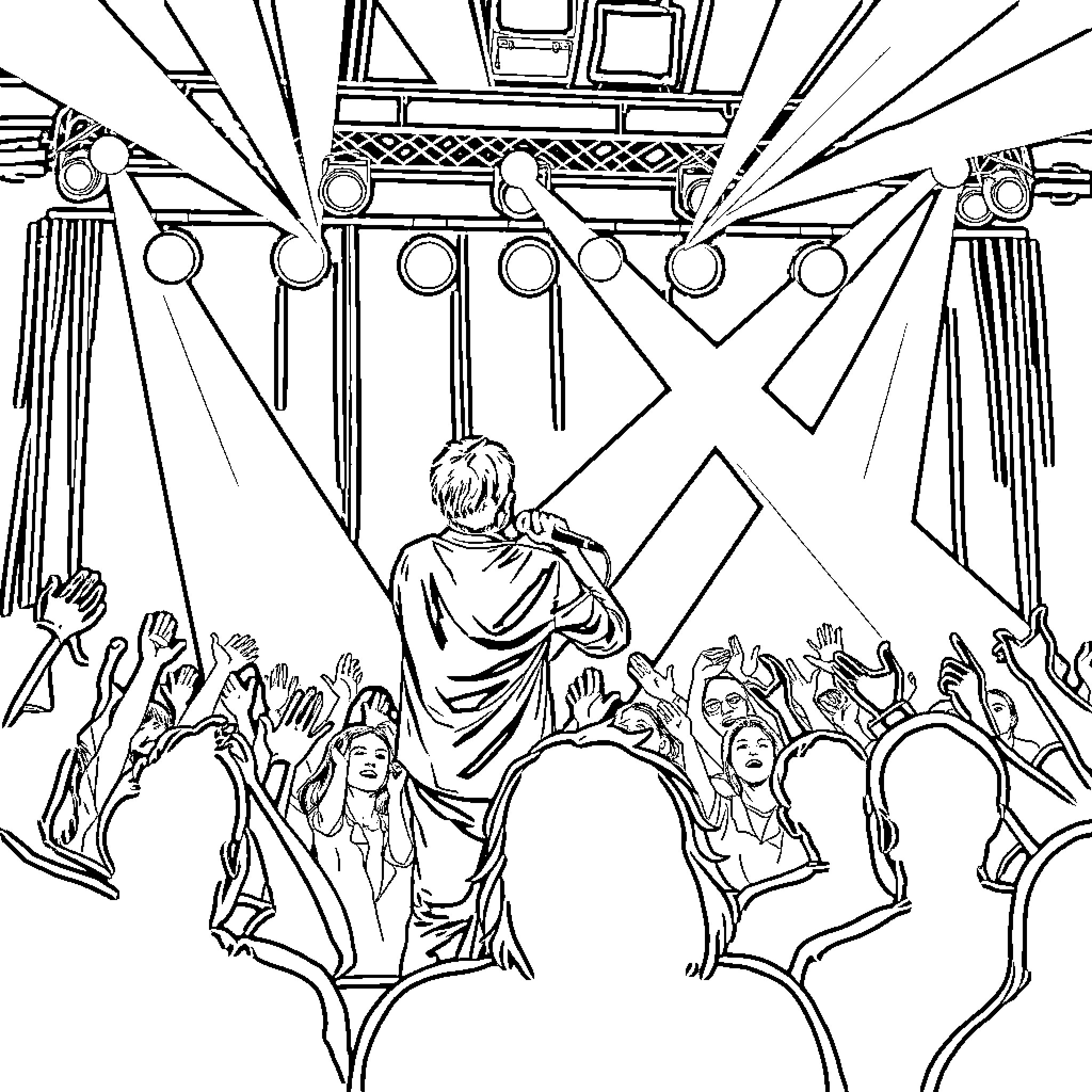Singer performing on stage with energetic crowd Coloring Page (free black-and-white line drawing printable PDF for all, from beginners to advanced learners, including children, teens, adults, and seniors)