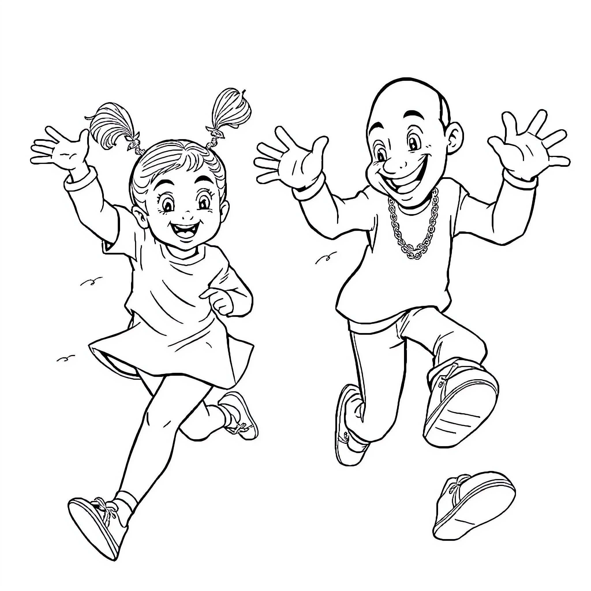 Child friends playing and having fun Coloring Page (free black-and-white line drawing printable PDF for all, from beginners to advanced learners, including children, teens, adults, and seniors)