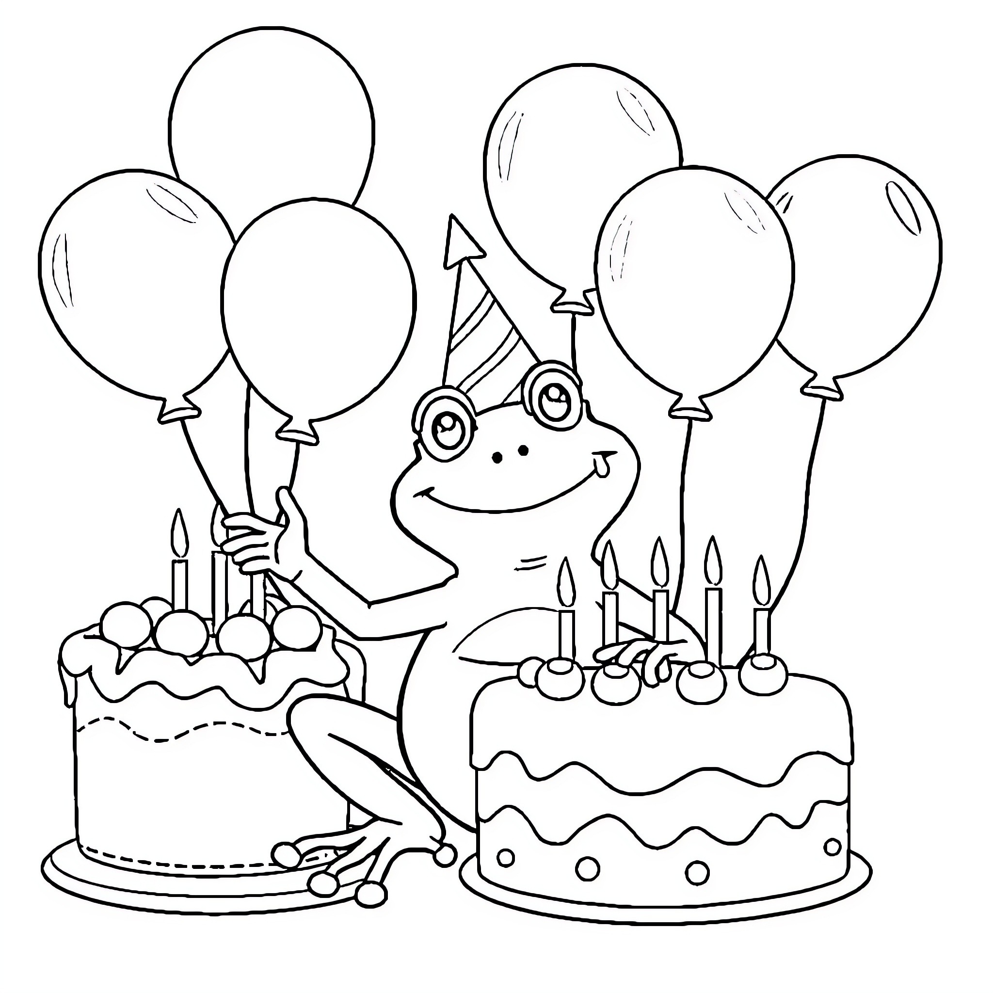Frog celebrating birthday with cake and balloons Coloring Page (free black-and-white line drawing printable PDF for all, from beginners to advanced learners, including children, teens, adults, and seniors)