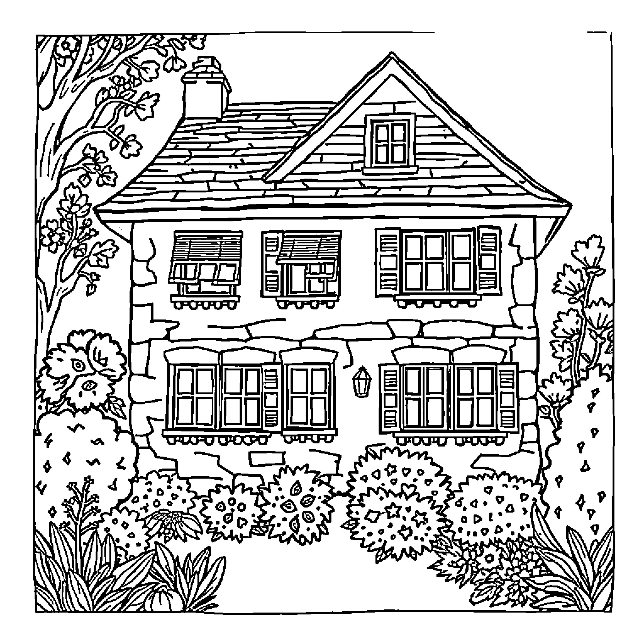 Haunted House with Spooky Landscaping Coloring Page (free black-and-white line drawing printable PDF for all, from beginners to advanced learners, including children, teens, adults, and seniors)
