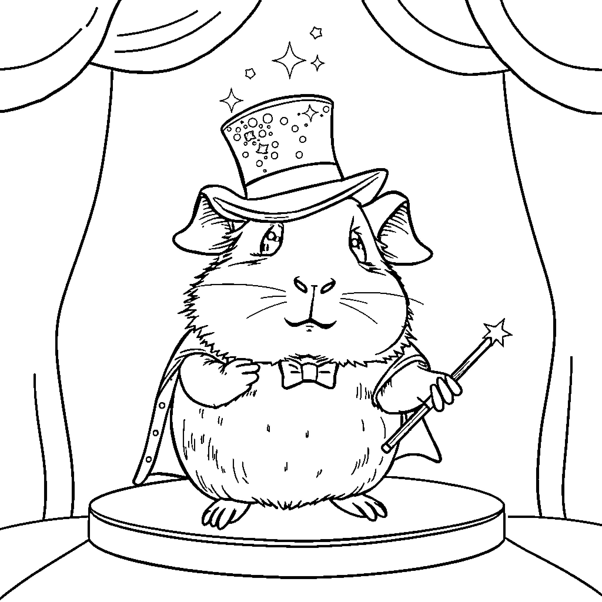 Guinea Pig performing magic tricks on stage Coloring Page (free black-and-white line drawing printable PDF for all, from beginners to advanced learners, including children, teens, adults, and seniors)