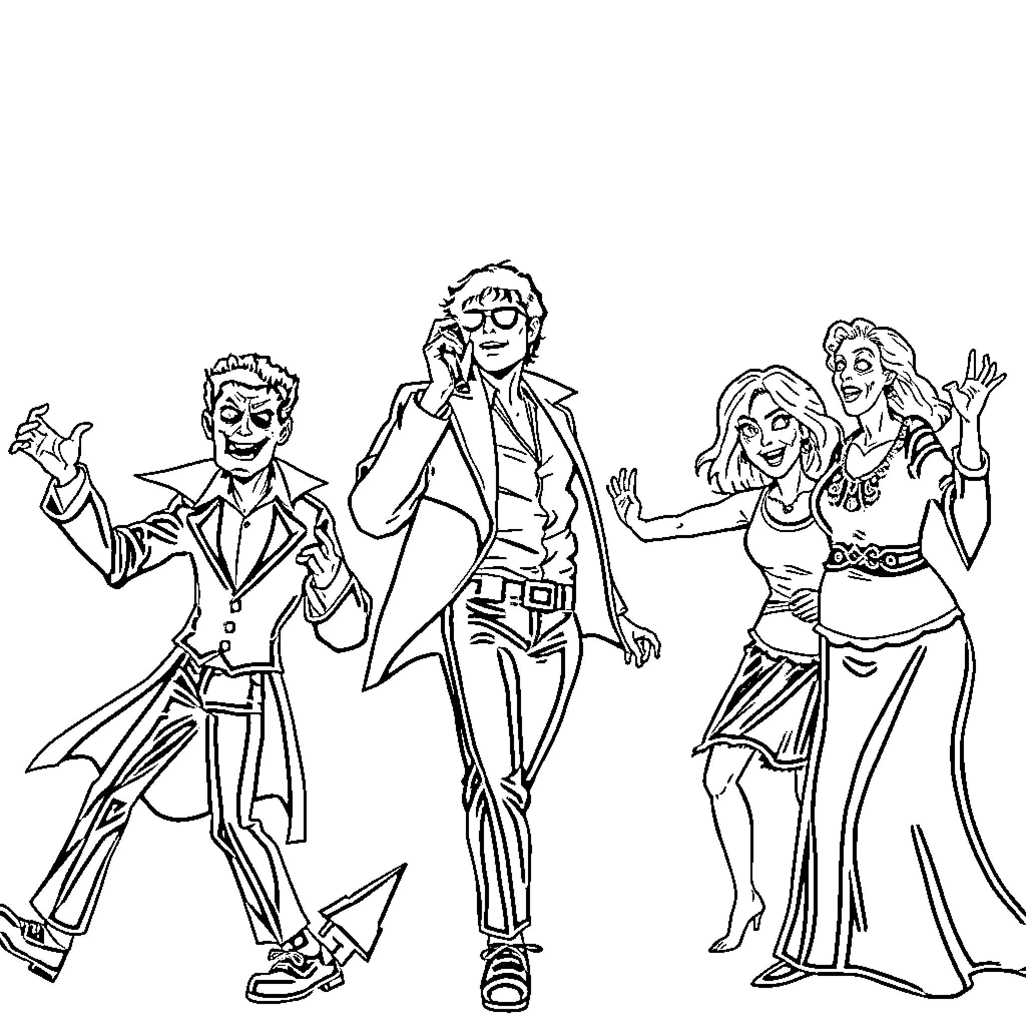 Vampire characters in stylized poses and outfits Coloring Page (free black-and-white line drawing printable PDF for all, from beginners to advanced learners, including children, teens, adults, and seniors)