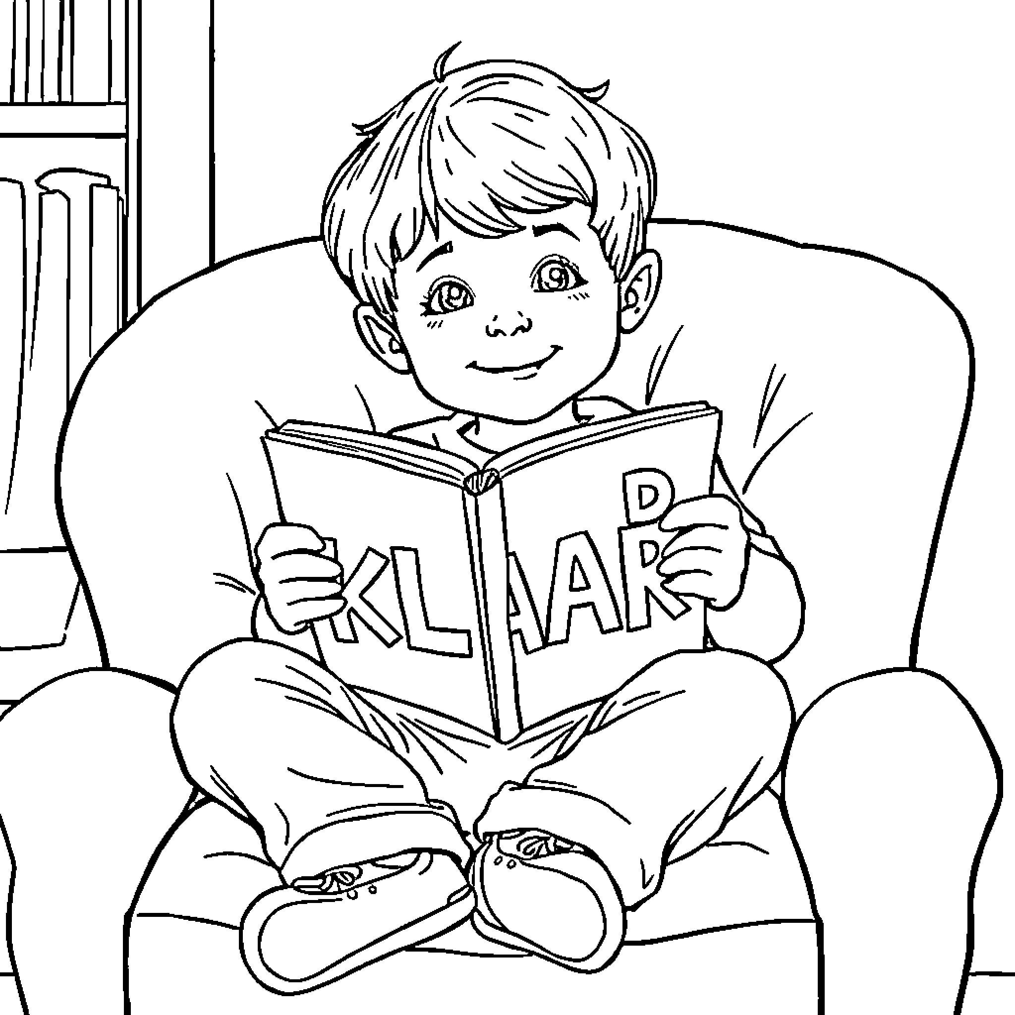 Child reading book happily at home Coloring Page (free black-and-white line drawing printable PDF for all, from beginners to advanced learners, including children, teens, adults, and seniors)