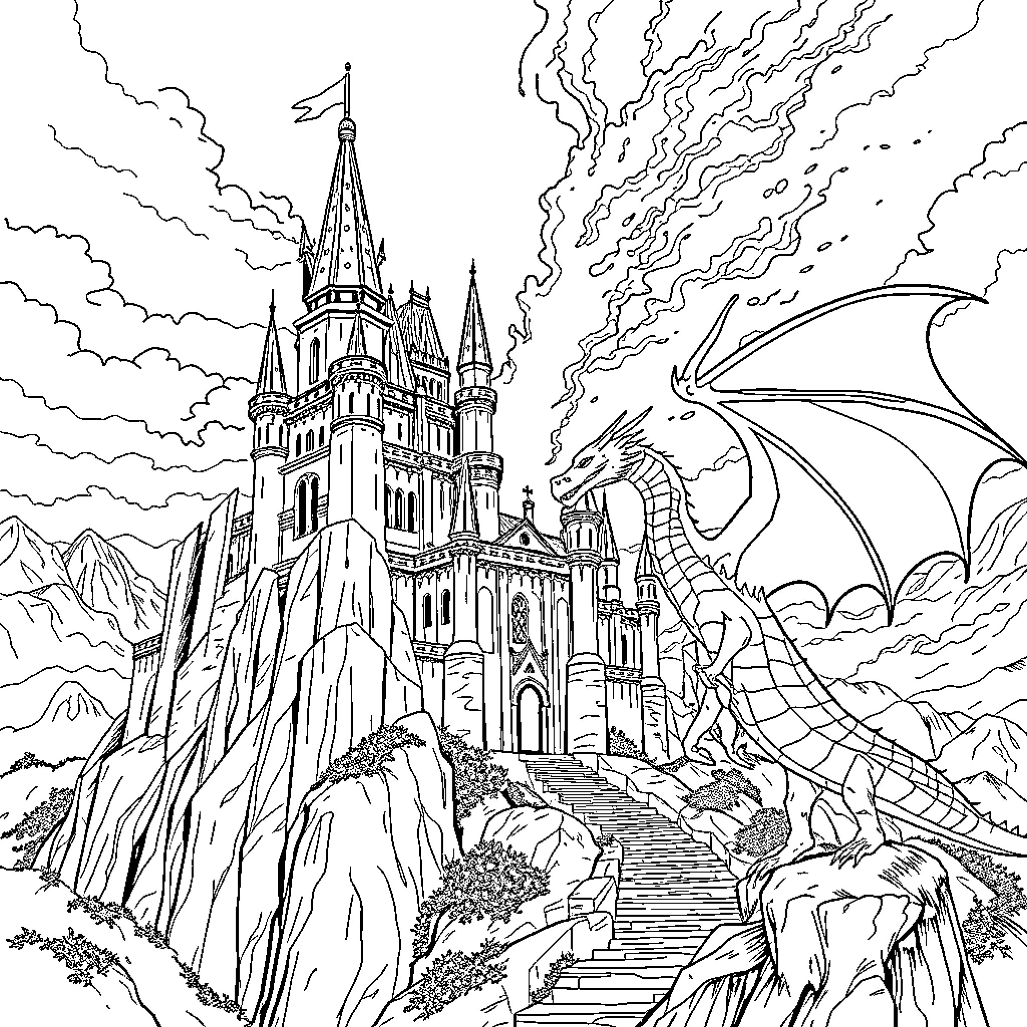 Castle with Dragon Guarding Majestic Fortress Coloring Page (free black-and-white line drawing printable PDF for all, from beginners to advanced learners, including children, teens, adults, and seniors)