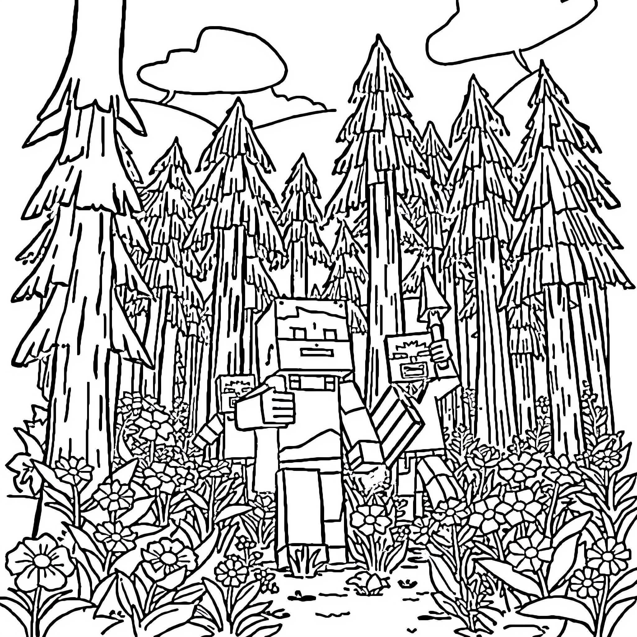 Minecraft Characters Exploring a Lush Forest Landscape Coloring Page (free black-and-white line drawing printable PDF for all, from beginners to advanced learners, including children, teens, adults, and seniors)