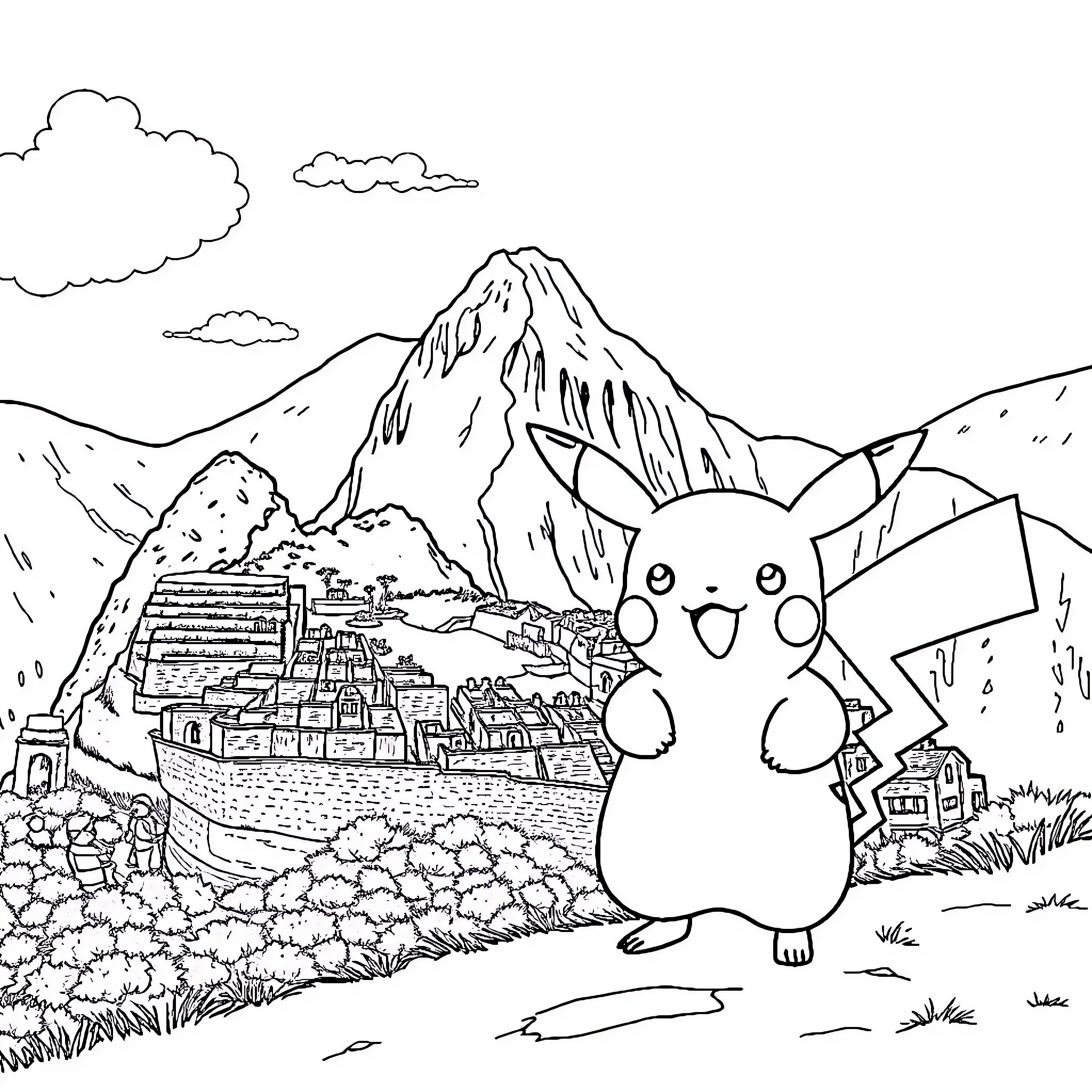 Pikachu exploring the majestic mountains and villages Coloring Page (free black-and-white line drawing printable PDF for all, from beginners to advanced learners, including children, teens, adults, and seniors)