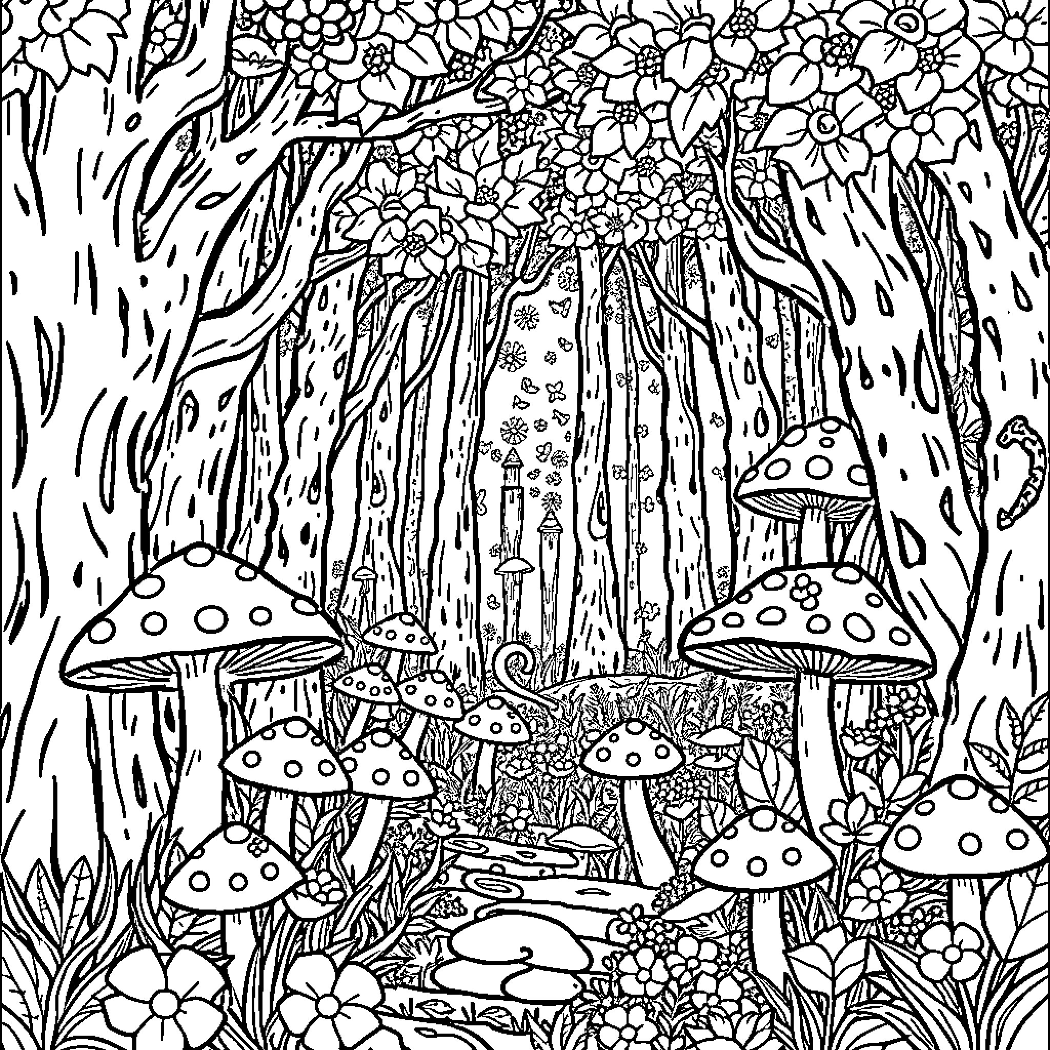 Mushroom Fantasy Forest with Whimsical Flowers Coloring Page (free black-and-white line drawing printable PDF for all, from beginners to advanced learners, including children, teens, adults, and seniors)