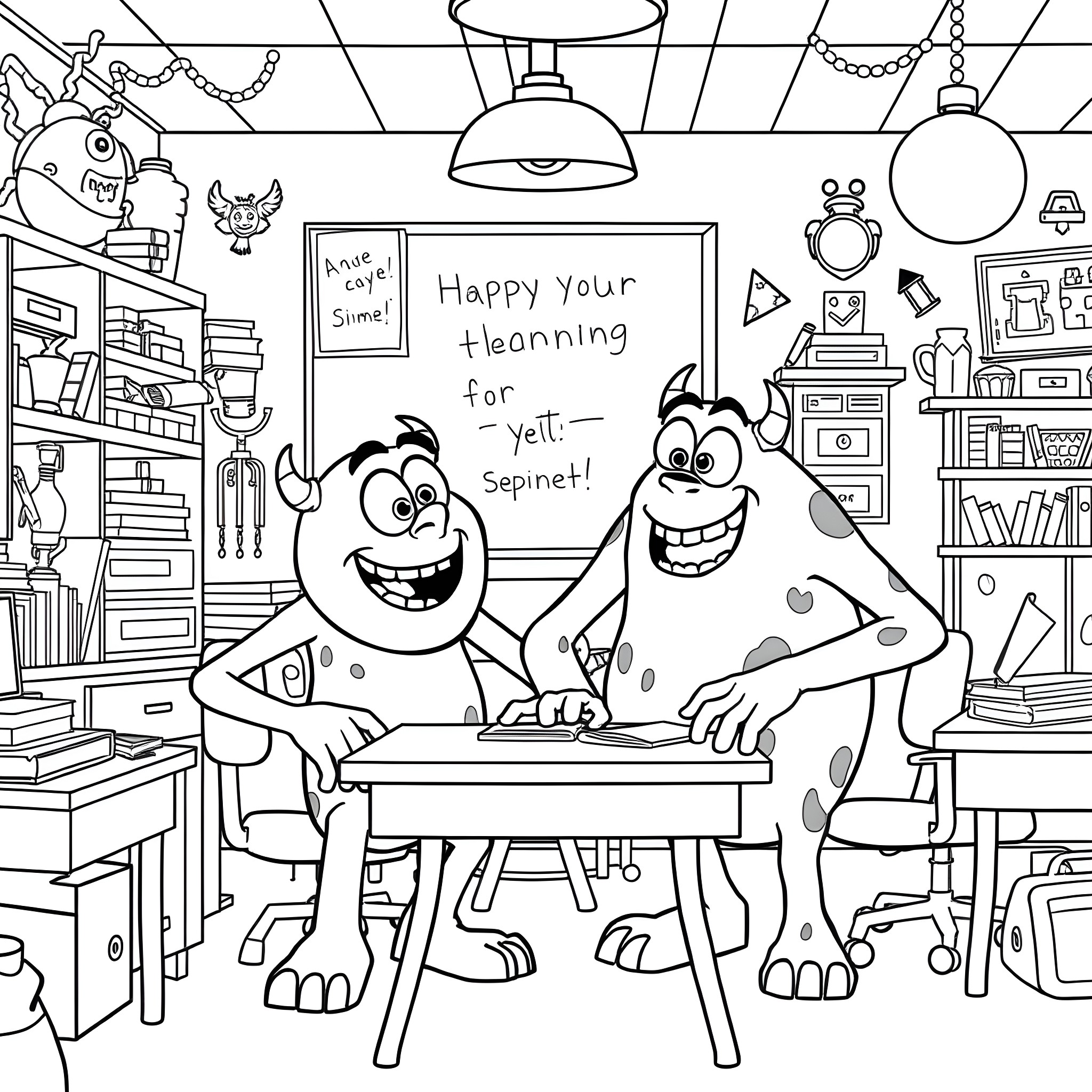 Mike And Sully Celebrating Screaming at the Desk Coloring Page (free black-and-white line drawing printable PDF for all, from beginners to advanced learners, including children, teens, adults, and seniors)