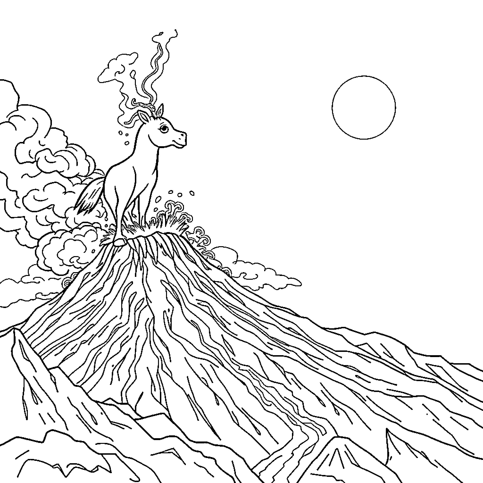 Dog standing on volcanic mountain Coloring Page (free black-and-white line drawing printable PDF for all, from beginners to advanced learners, including children, teens, adults, and seniors)