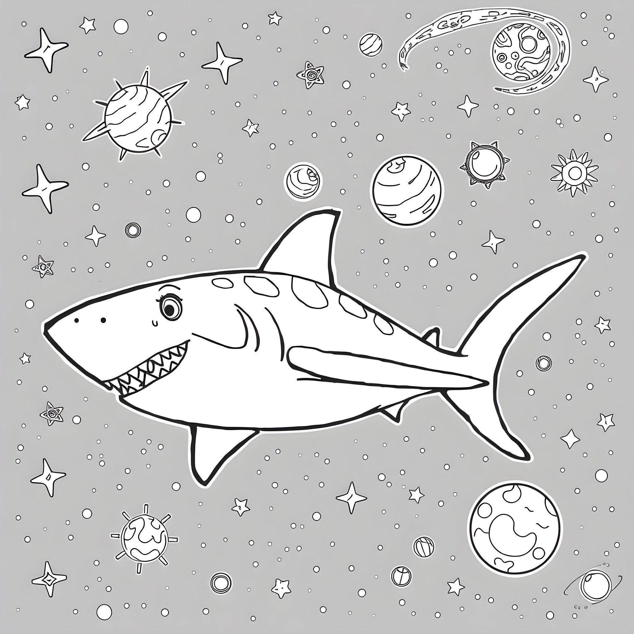 Jeff the Shark Explores the Cosmic Wonders Coloring Page (free black-and-white line drawing printable PDF for all, from beginners to advanced learners, including children, teens, adults, and seniors)