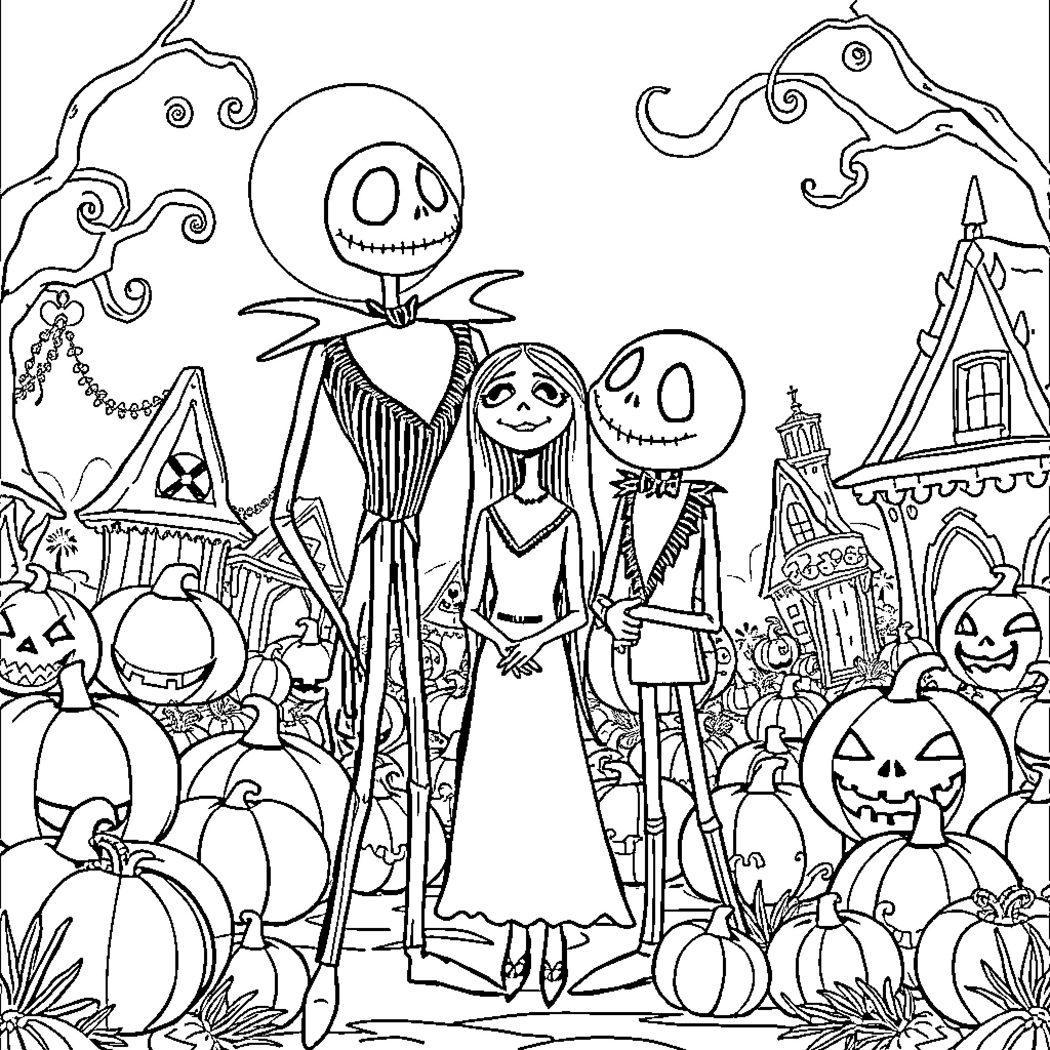 Halloween Character Enjoying a Spooky Celebration Coloring Page (free black-and-white line drawing printable PDF for all, from beginners to advanced learners, including children, teens, adults, and seniors)