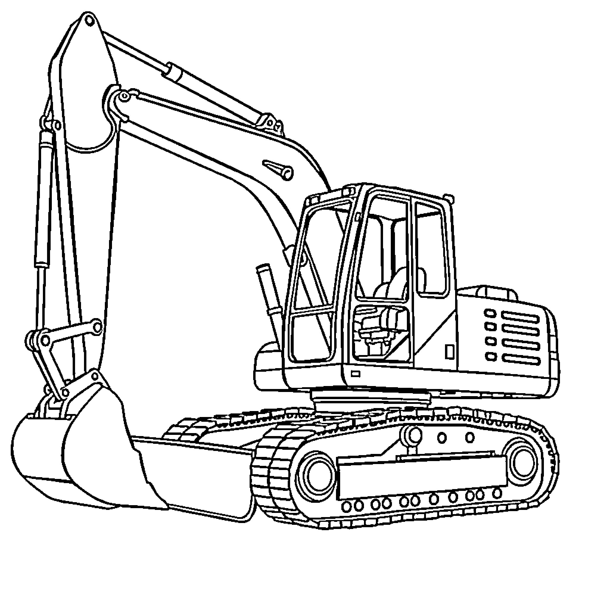 Excavator at work on construction site Coloring Page (free black-and-white line drawing printable PDF for all, from beginners to advanced learners, including children, teens, adults, and seniors)
