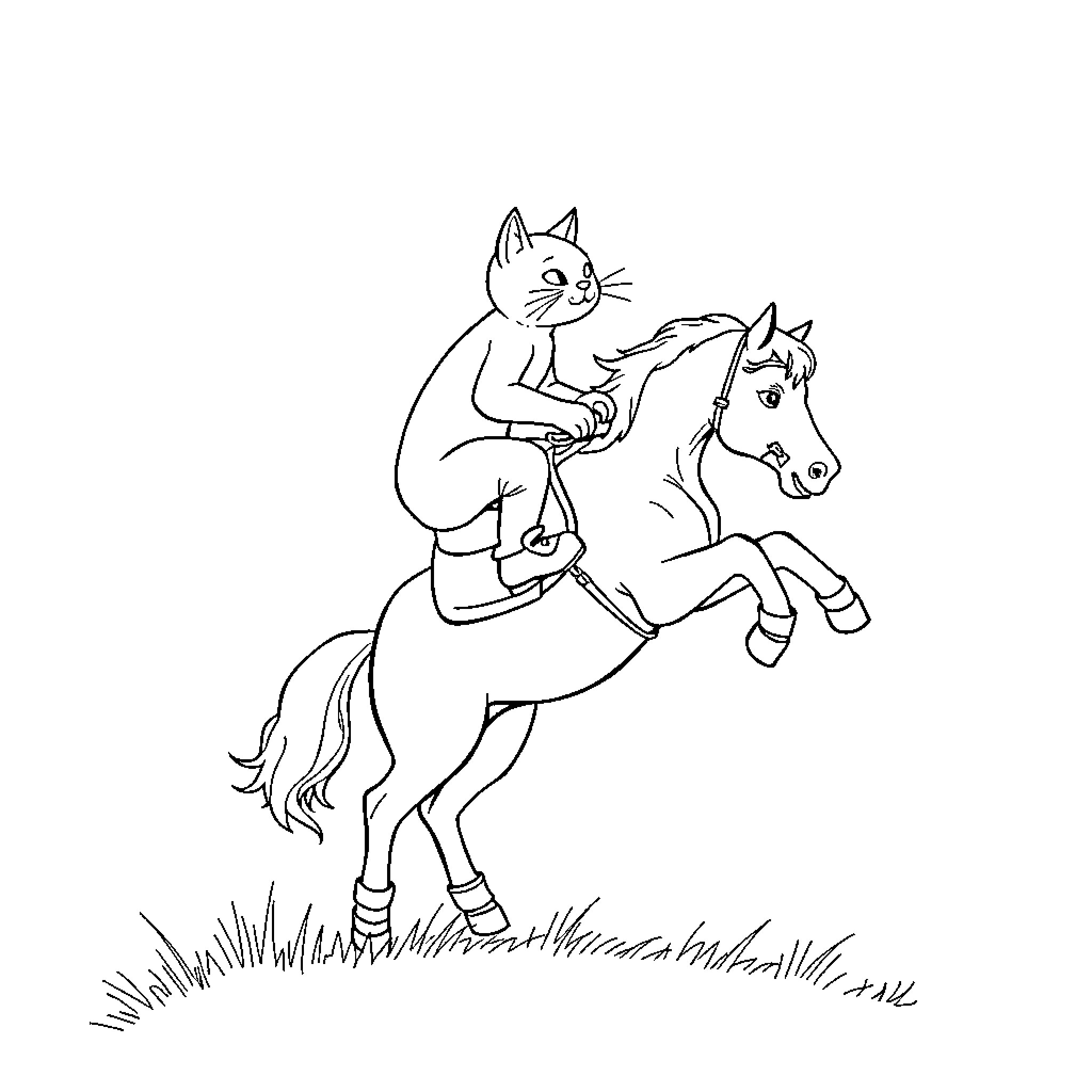 Cat with Boots Riding a Horse Coloring Page (free black-and-white line drawing printable PDF for all, from beginners to advanced learners, including children, teens, adults, and seniors)