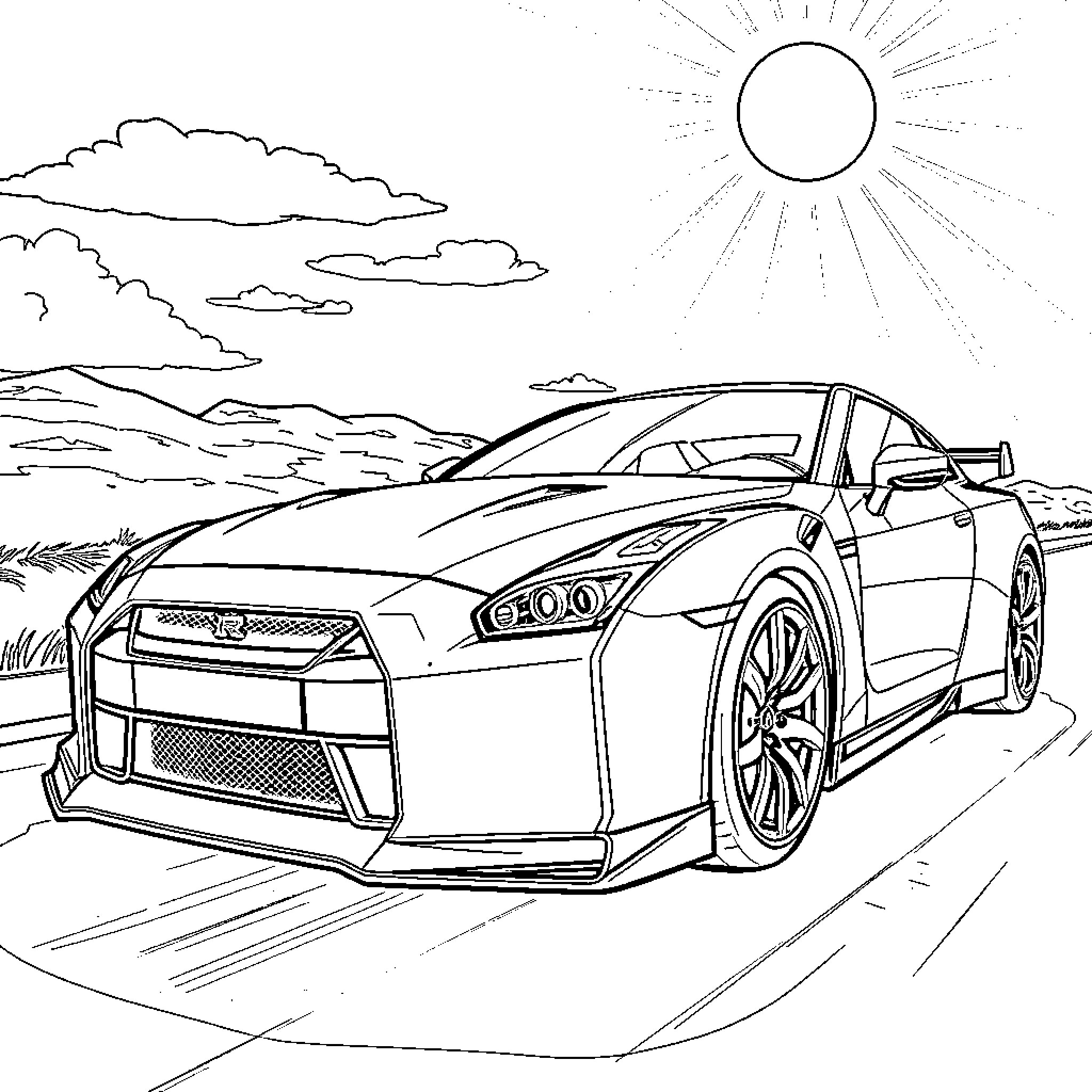 Guitar-shaped sports car on desert highway Coloring Page (free black-and-white line drawing printable PDF for all, from beginners to advanced learners, including children, teens, adults, and seniors)