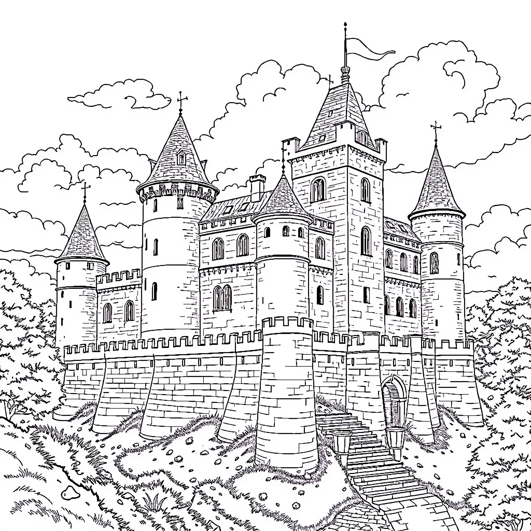 Castle with Intricate Architecture and Lush Surroundings Coloring Page (free black-and-white line drawing printable PDF for all, from beginners to advanced learners, including children, teens, adults, and seniors)