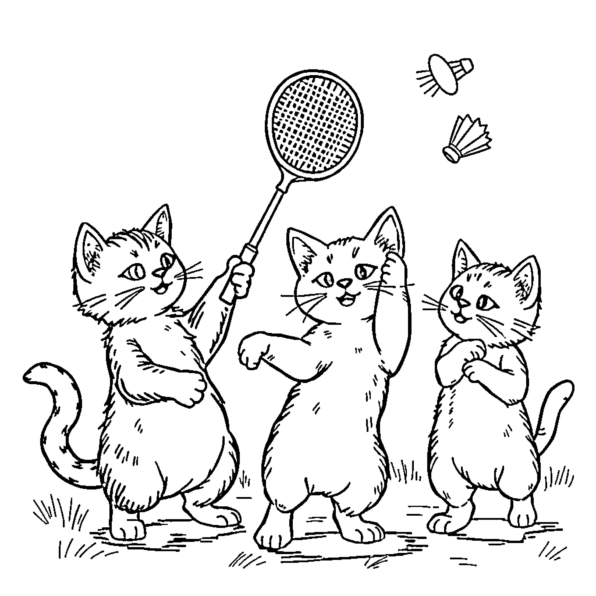 Cats playing with badminton rackets and shuttlecocks Coloring Page (free black-and-white line drawing printable PDF for all, from beginners to advanced learners, including children, teens, adults, and seniors)