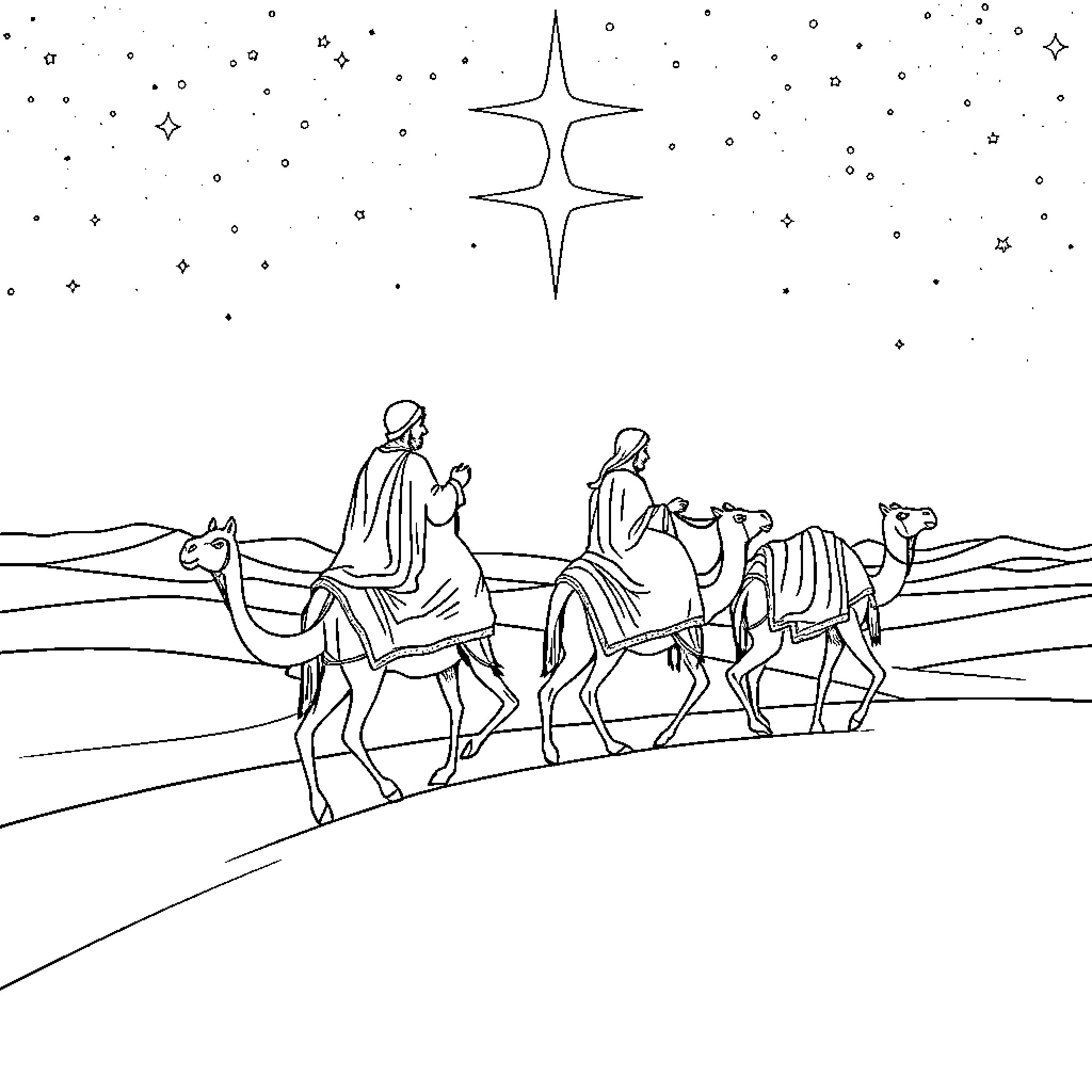Reyes Magos traveling on camels in the desert Coloring Page (free black-and-white line drawing printable PDF for all, from beginners to advanced learners, including children, teens, adults, and seniors)