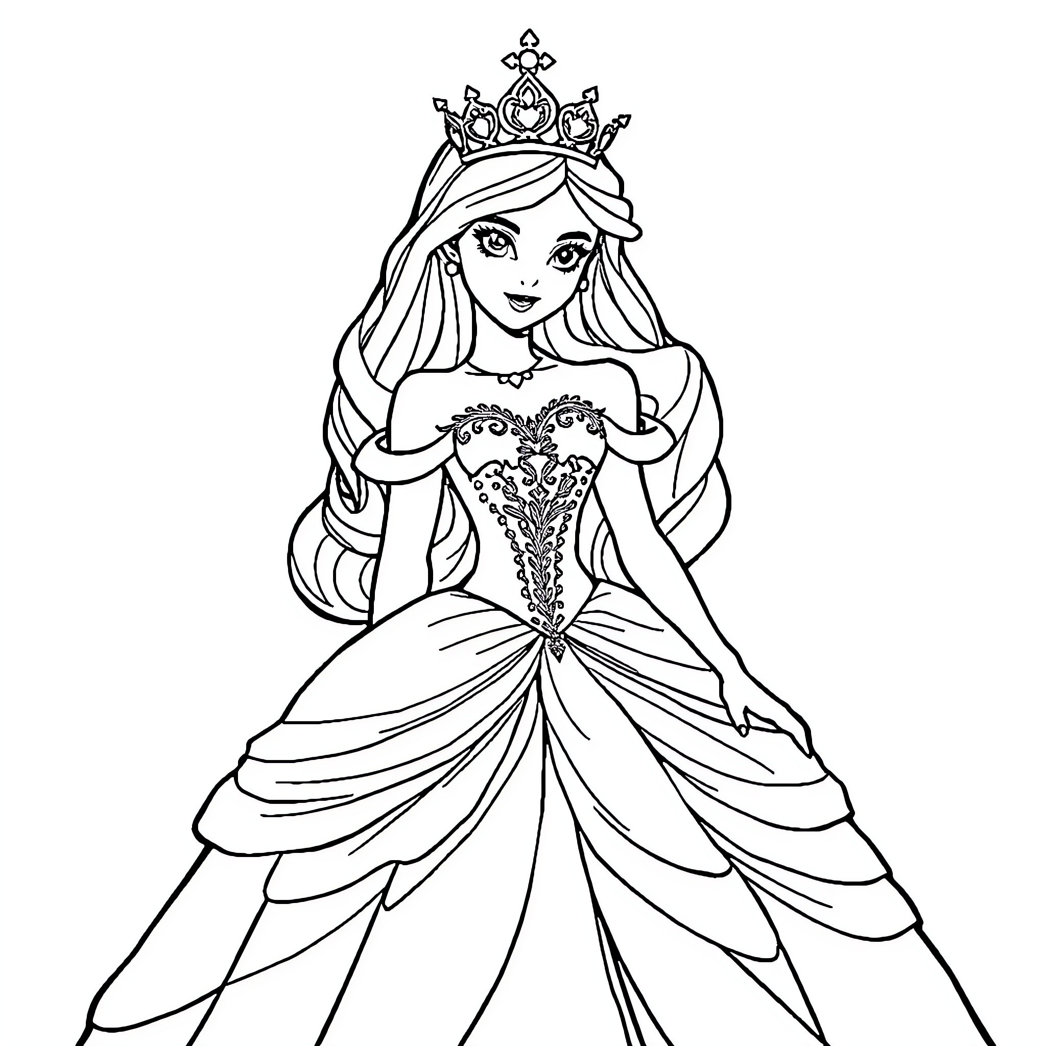 Princess in Elegant Ballgown and Crown Coloring Page (free black-and-white line drawing printable PDF for all, from beginners to advanced learners, including children, teens, adults, and seniors)