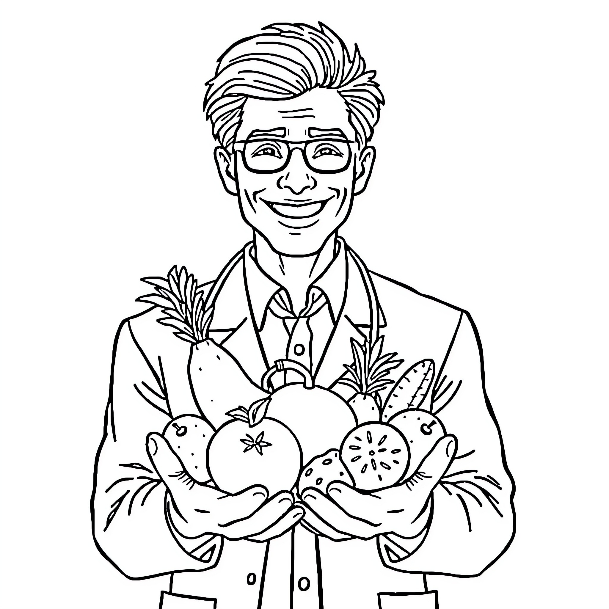 Doctor Holding Fresh Produce in Hands Coloring Page (free black-and-white line drawing printable PDF for all, from beginners to advanced learners, including children, teens, adults, and seniors)