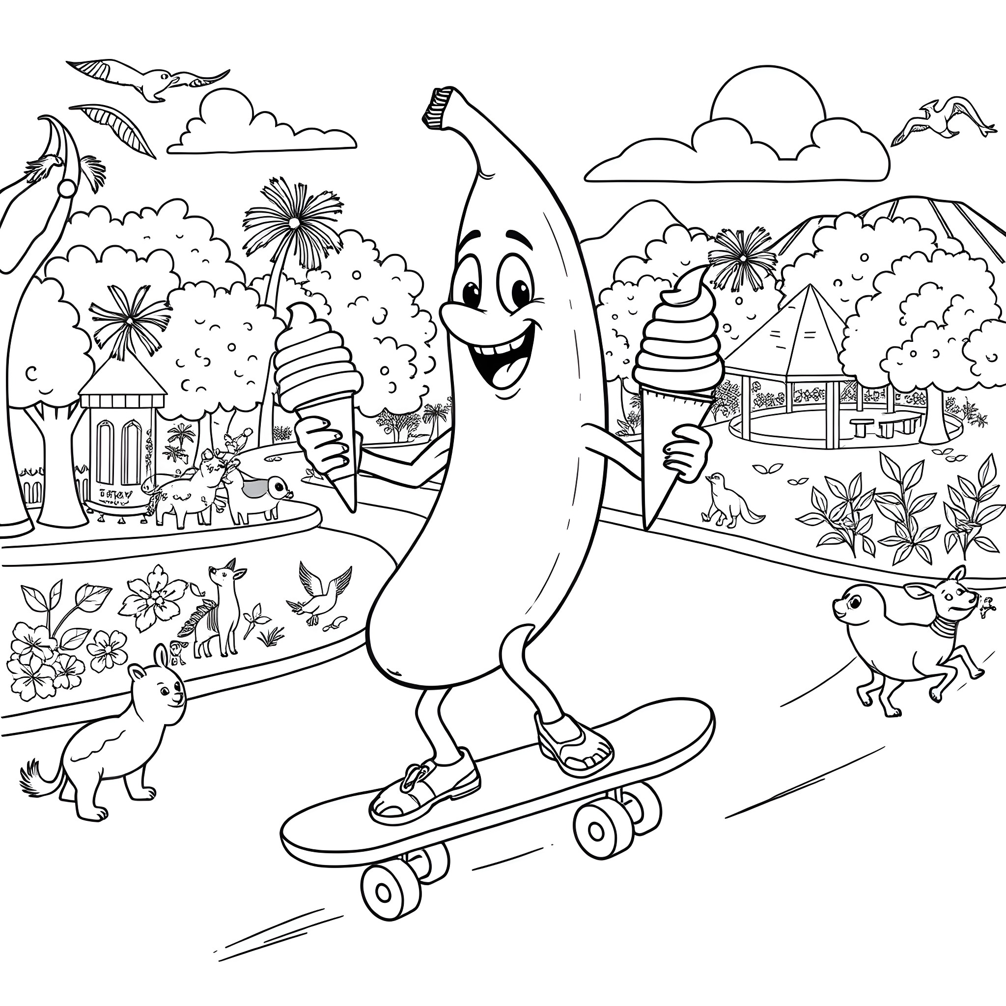 Banana enjoying a skateboard ride in the park Coloring Page (free black-and-white line drawing printable PDF for all, from beginners to advanced learners, including children, teens, adults, and seniors)