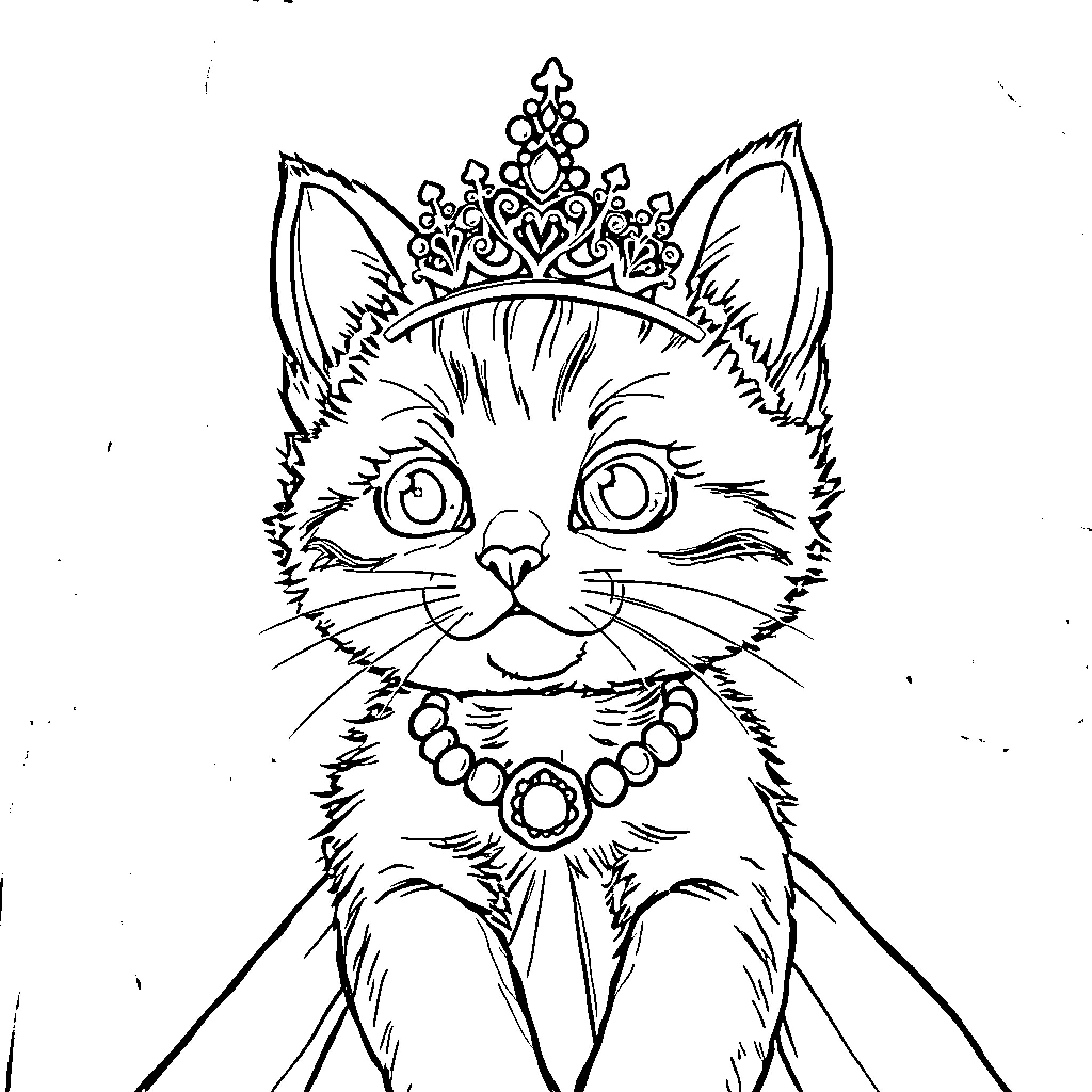 Kitty wearing a royal crown and jewelry Coloring Page (free black-and-white line drawing printable PDF for all, from beginners to advanced learners, including children, teens, adults, and seniors)