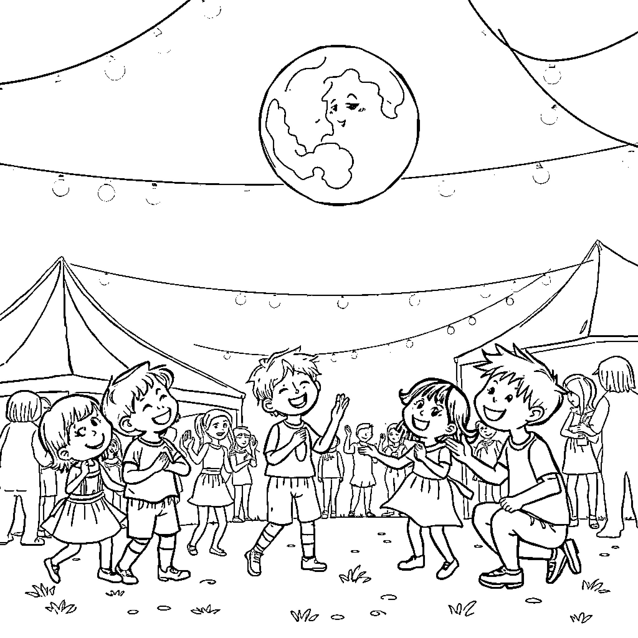 Children enjoying a festive outdoor gathering Coloring Page (free black-and-white line drawing printable PDF for all, from beginners to advanced learners, including children, teens, adults, and seniors)