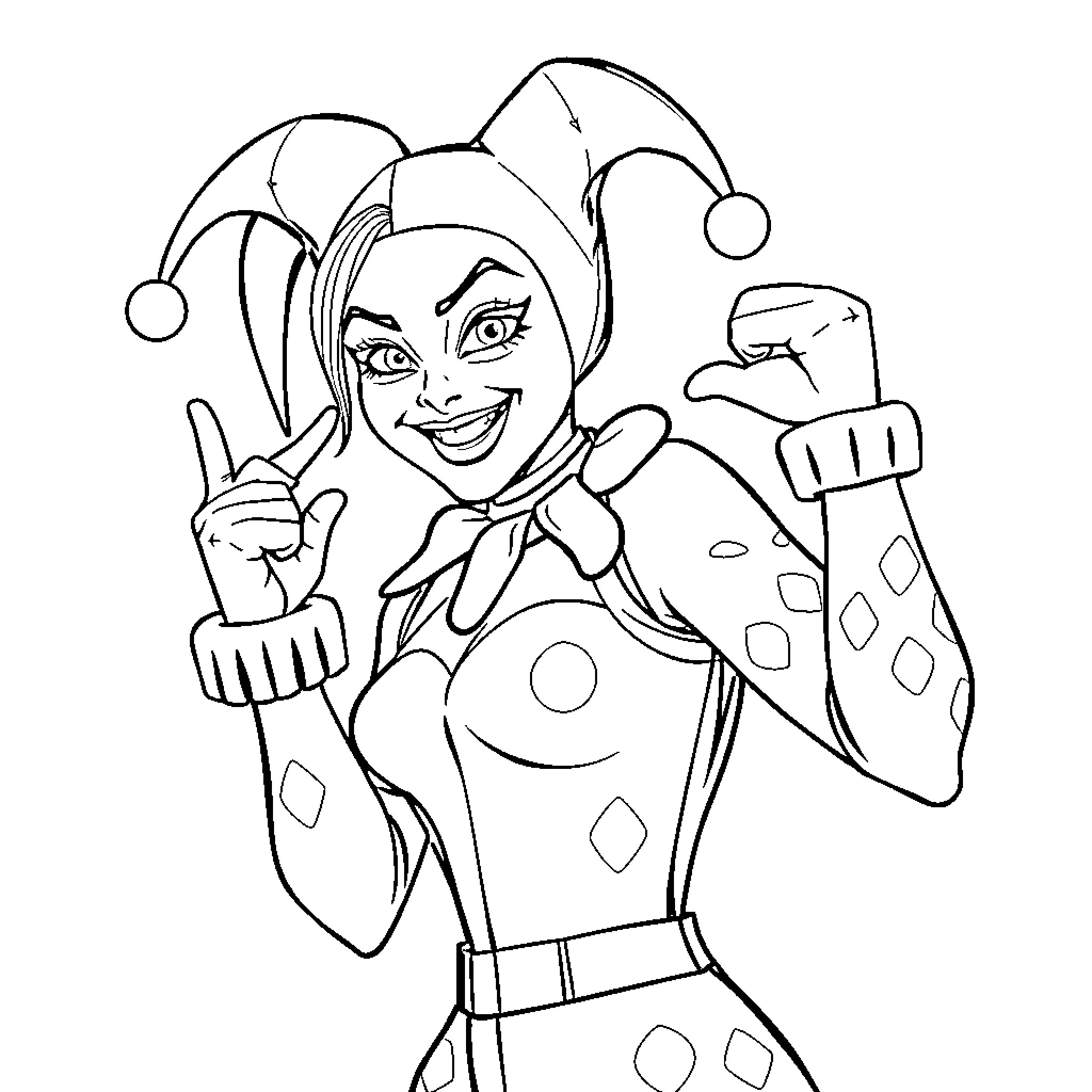 Harley Quinn: Joyful Jester's Playful Pose Coloring Page (free black-and-white line drawing printable PDF for all, from beginners to advanced learners, including children, teens, adults, and seniors)