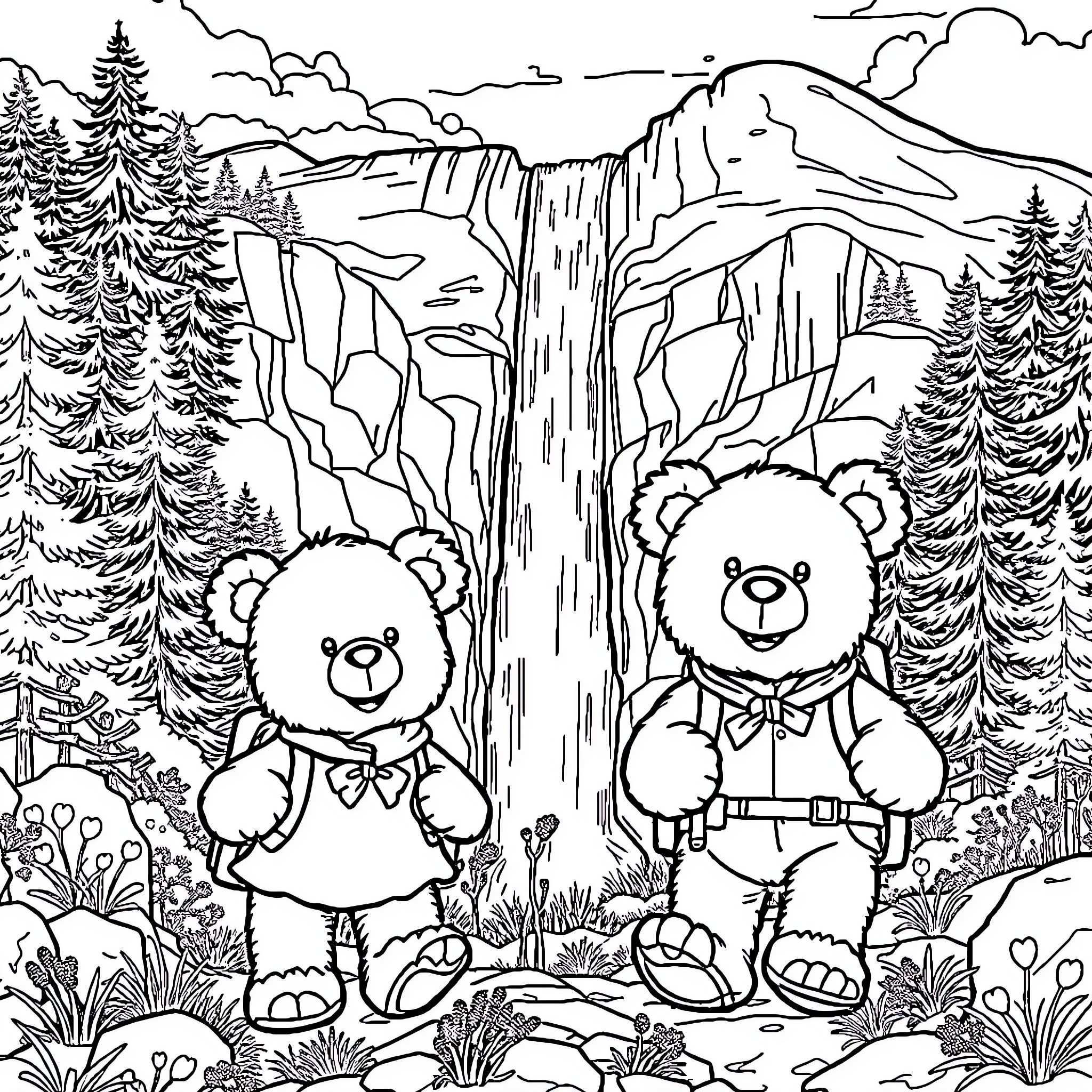 Teddy Bears exploring scenic waterfall landscape Coloring Page (free black-and-white line drawing printable PDF for all, from beginners to advanced learners, including children, teens, adults, and seniors)