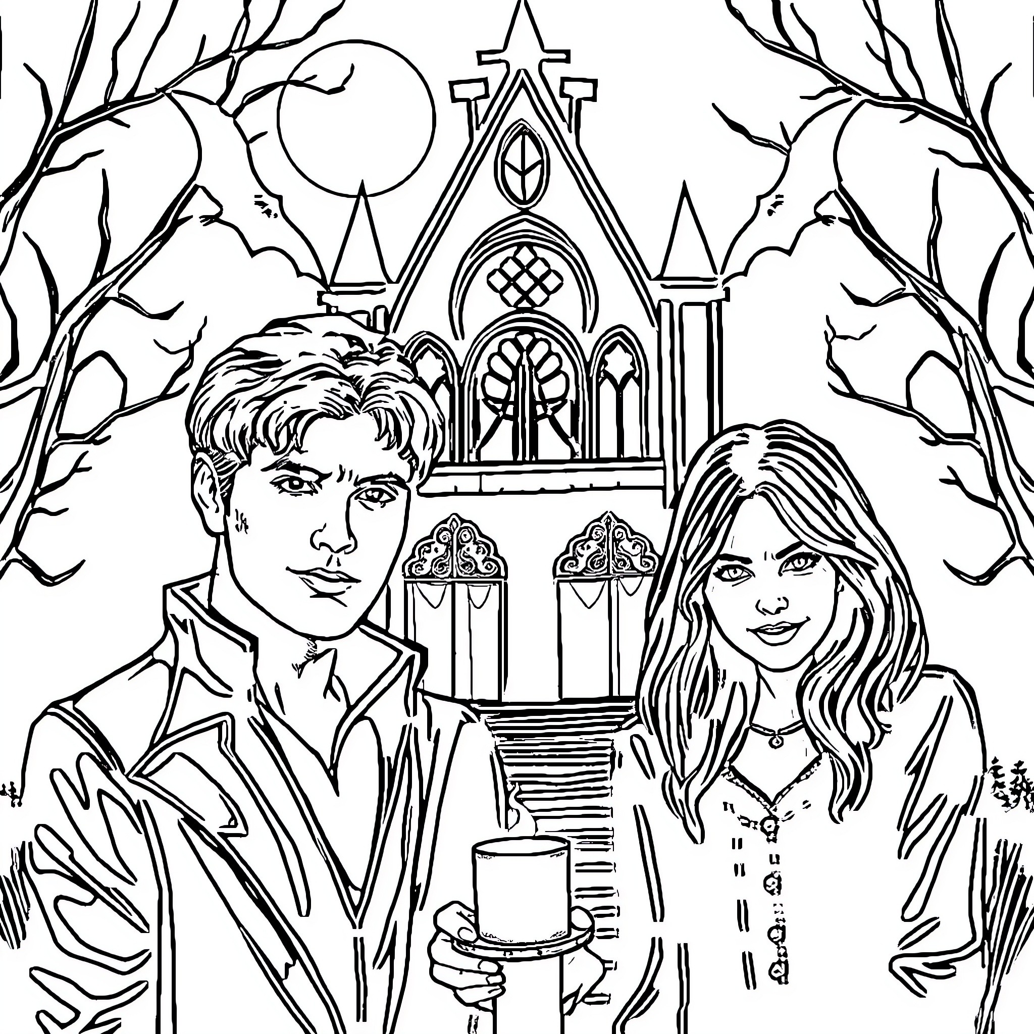 Vampire couple in a gothic castle setting Coloring Page (free black-and-white line drawing printable PDF for all, from beginners to advanced learners, including children, teens, adults, and seniors)