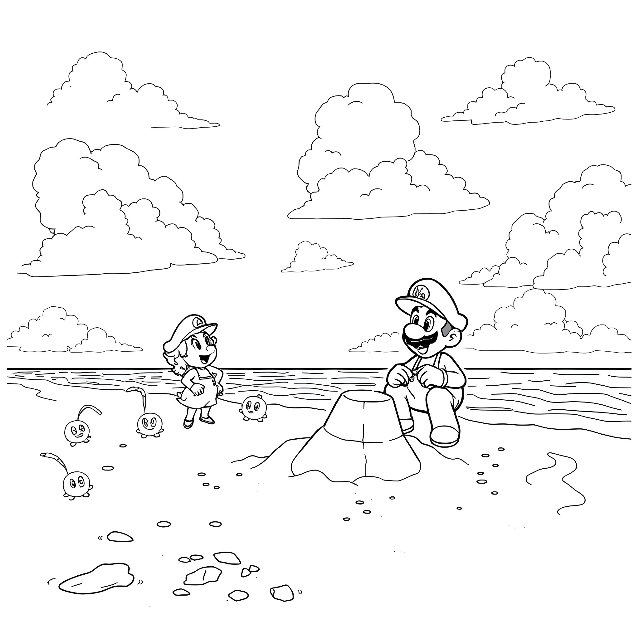 Mario playing in the beach with friends Coloring Page (free black-and-white line drawing printable PDF for all, from beginners to advanced learners, including children, teens, adults, and seniors)